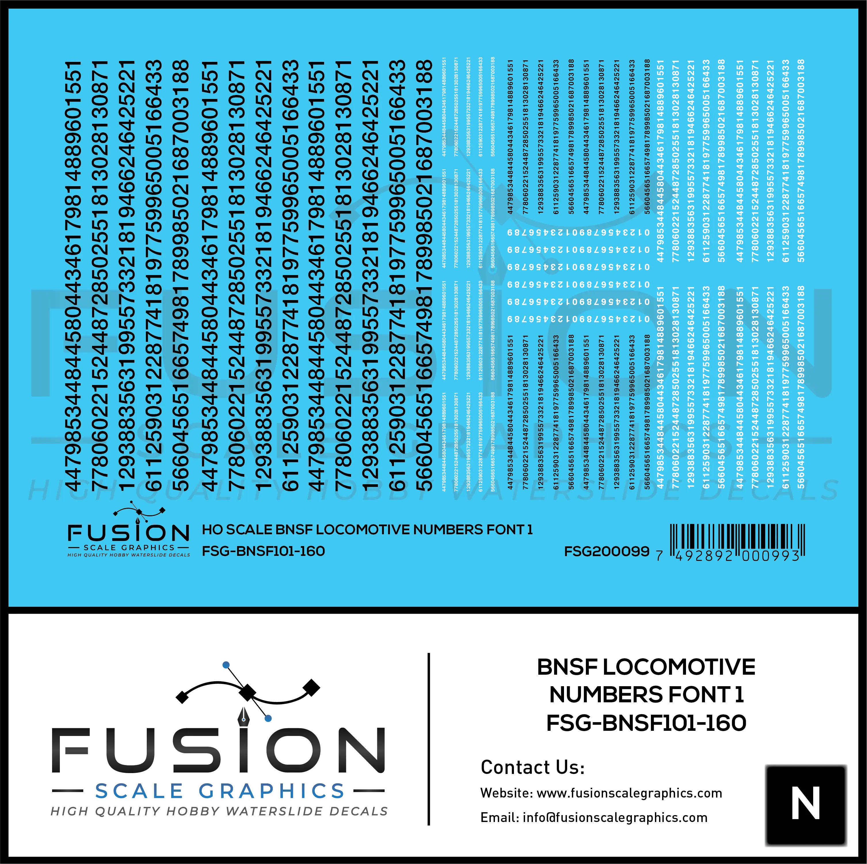 N Scale BNSF Locomotive Numbers Font Decal Set Fusion Scale Graphics
