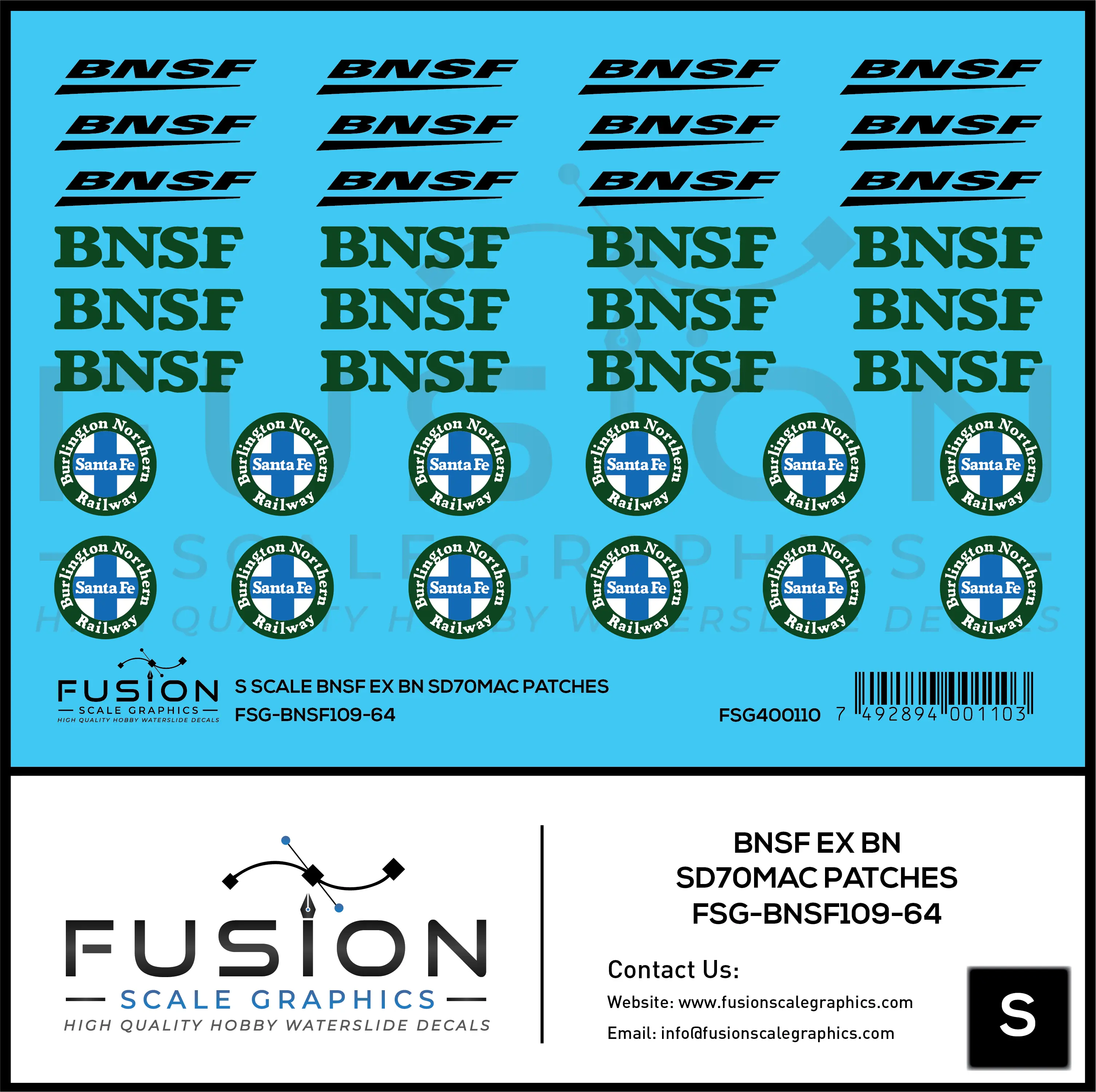 S Scale BNSF Railway Ex BN SD70MAC Locomotive Logo Patches Decal Set Fusion Scale Graphics