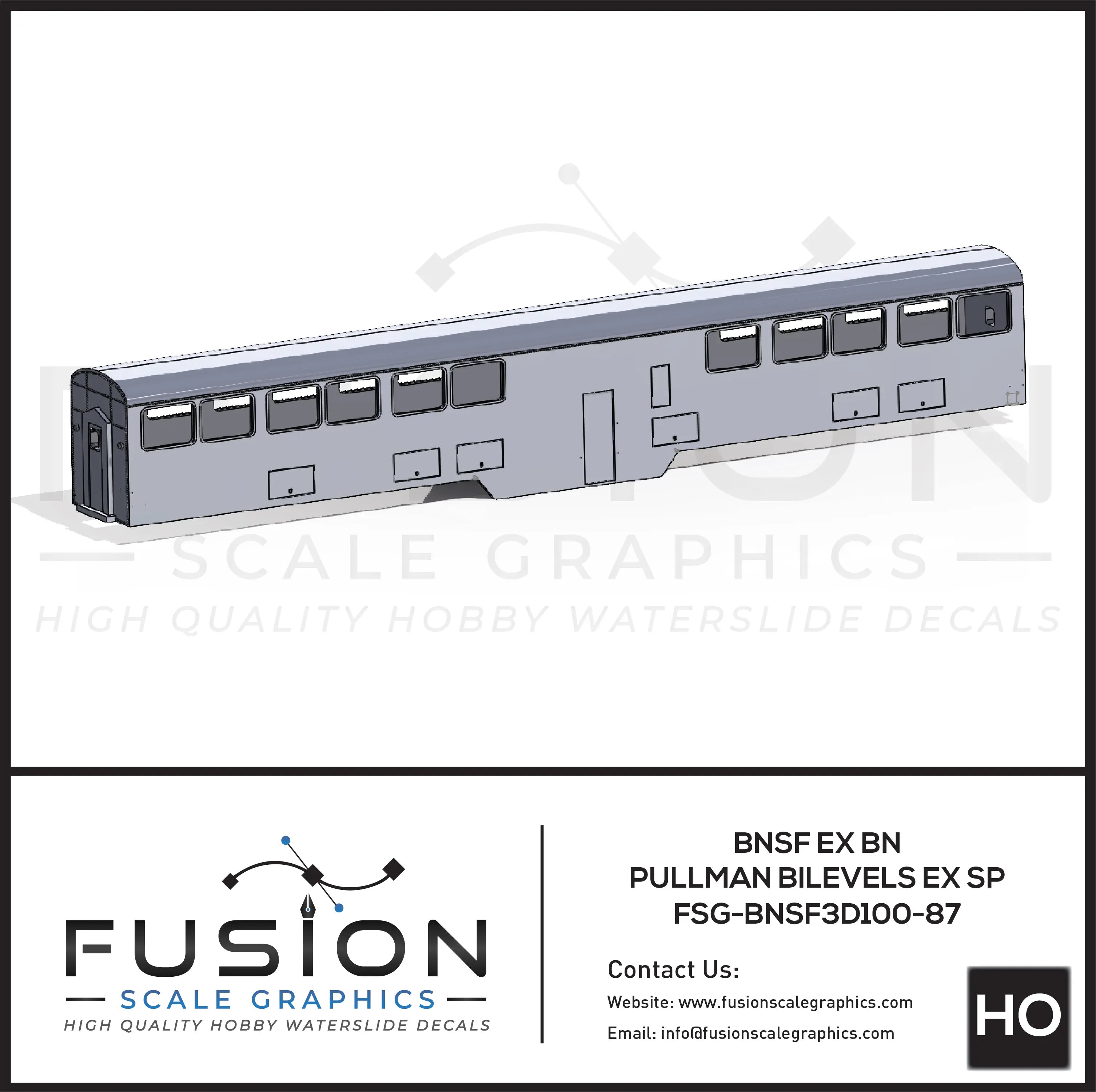 HO Scale BNSF Large Window Bi Level Business Car Shell Fusion Scale Graphics