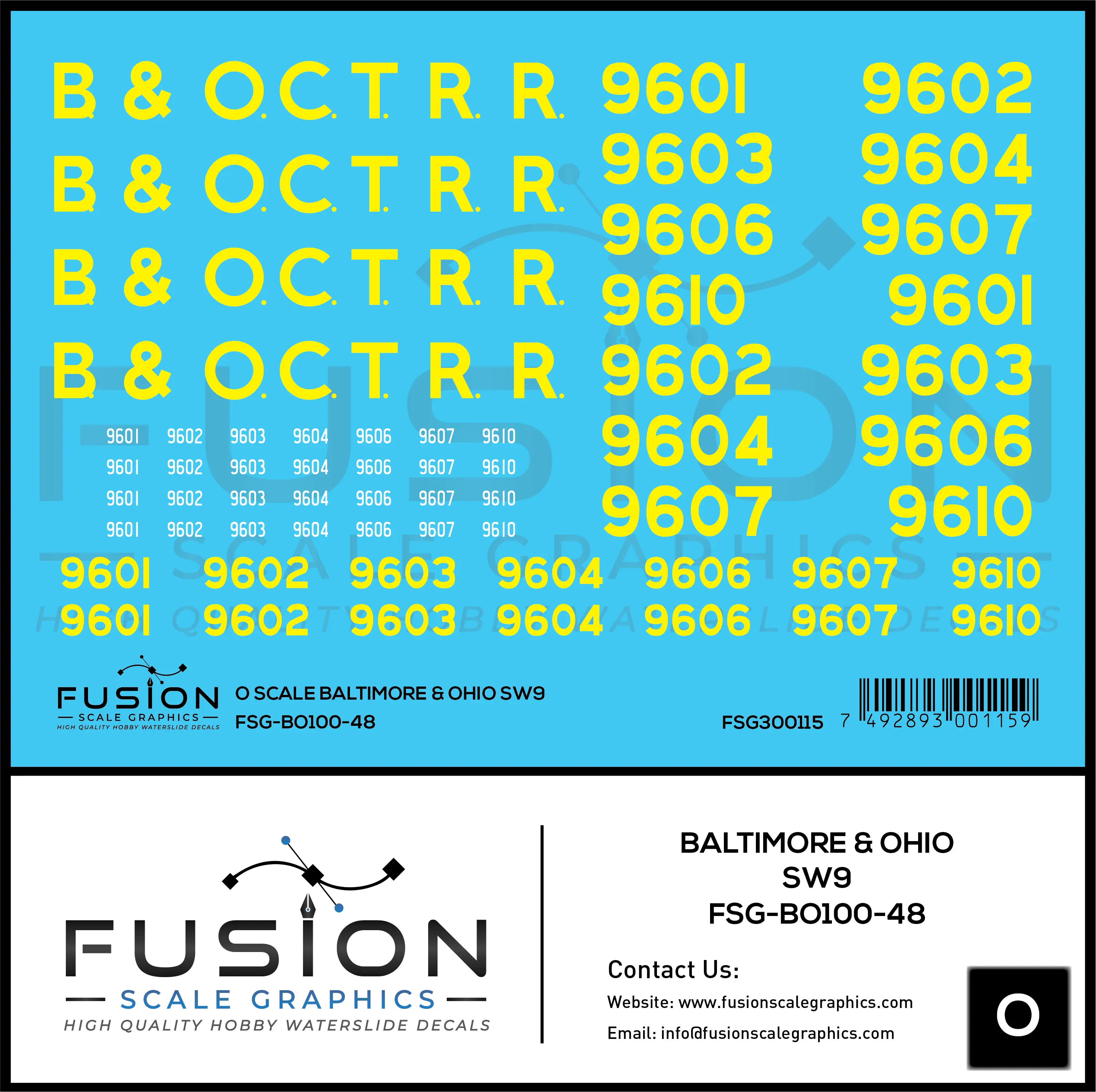 O Scale Baltimore & Ohio EMD SW9 Locomotive Decal Set Fusion Scale Graphics