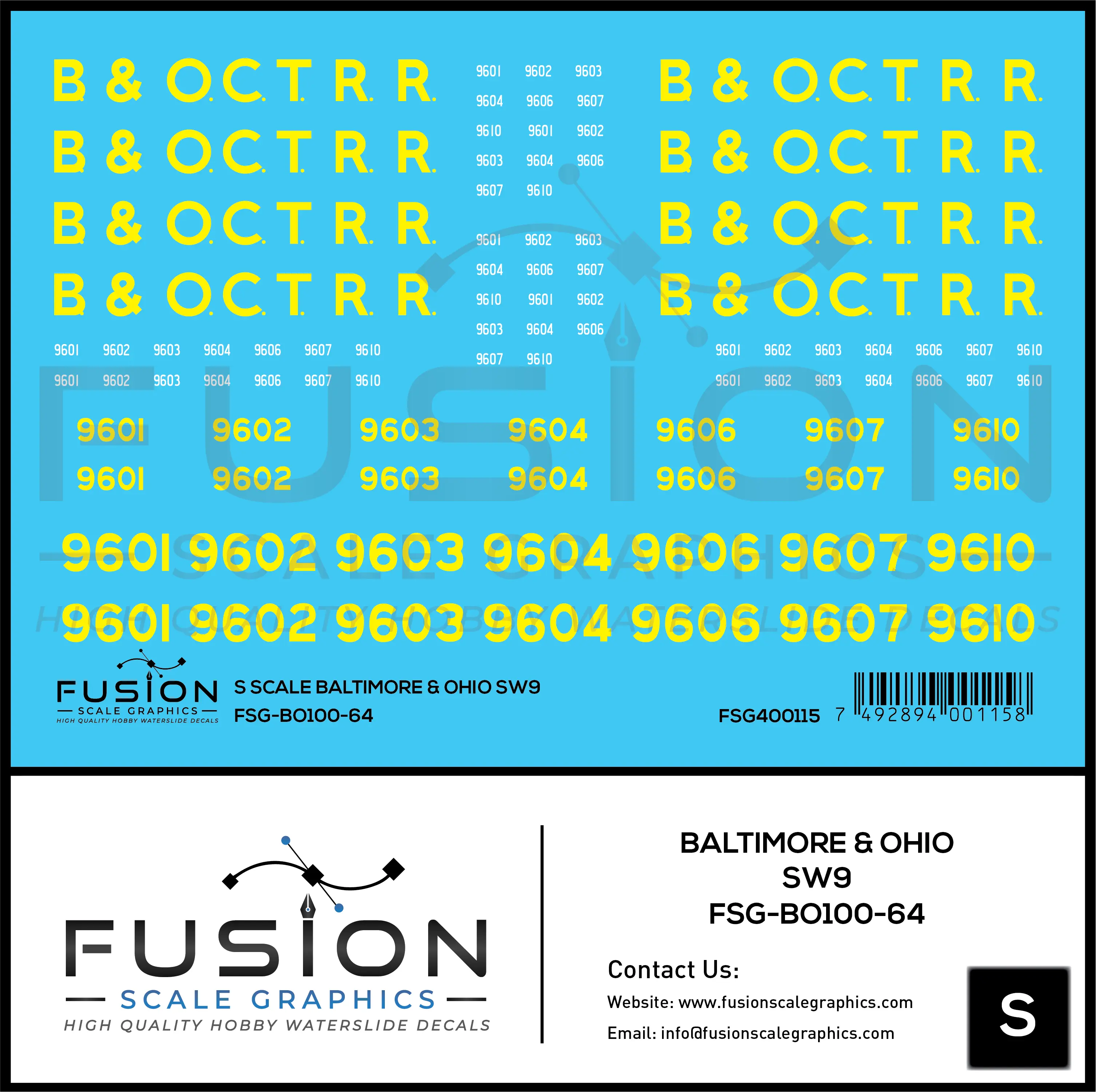 S Scale Baltimore & Ohio EMD SW9 Locomotive Decal Set Fusion Scale Graphics