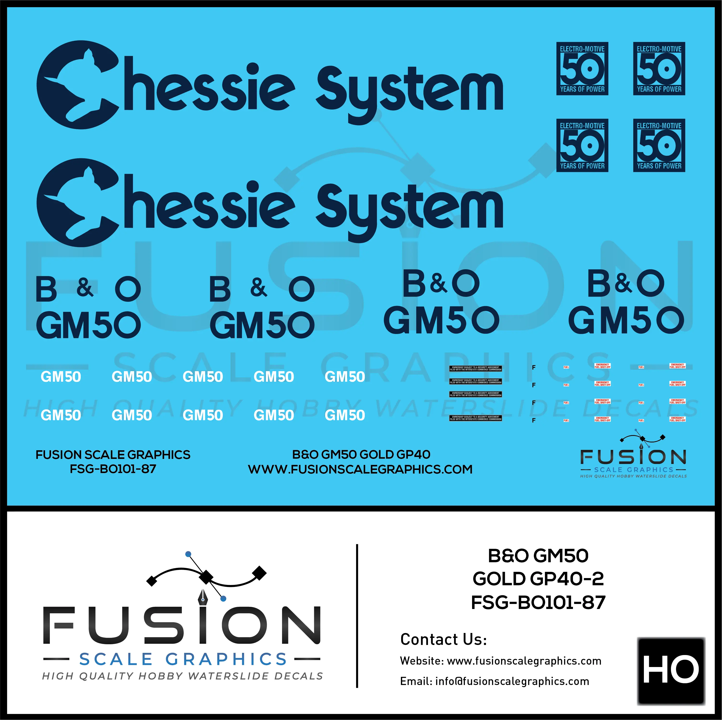 HO Scale Baltimore & Ohio GM50 Chessie System Gold GP40-2 Locomotive Decal Set Fusion Scale Graphics