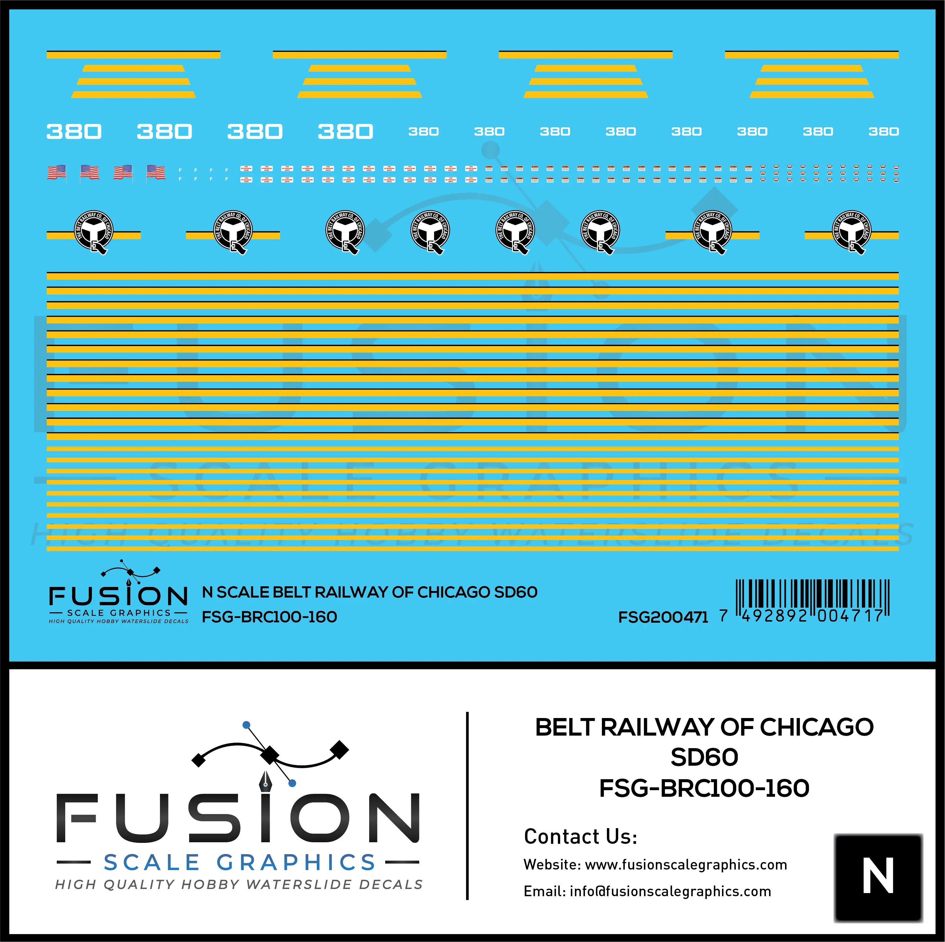N Scale Belt Railway of Chicago SD60 380 Locomotive Decal Set Fusion Scale Graphics