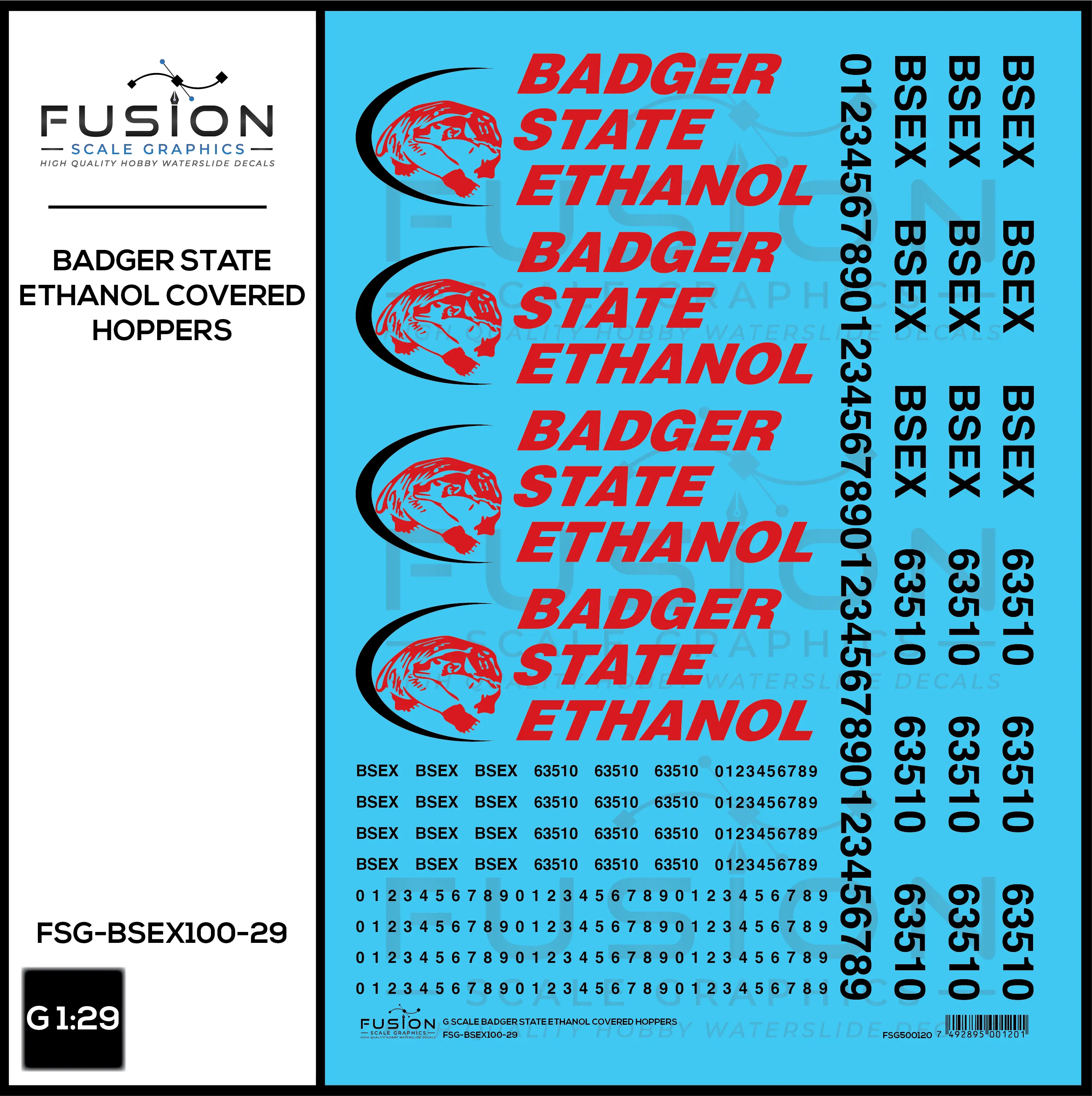 G 1:29 Scale Badger State Ethanol BSEX Covered Hopper Decal Set Fusion Scale Graphics