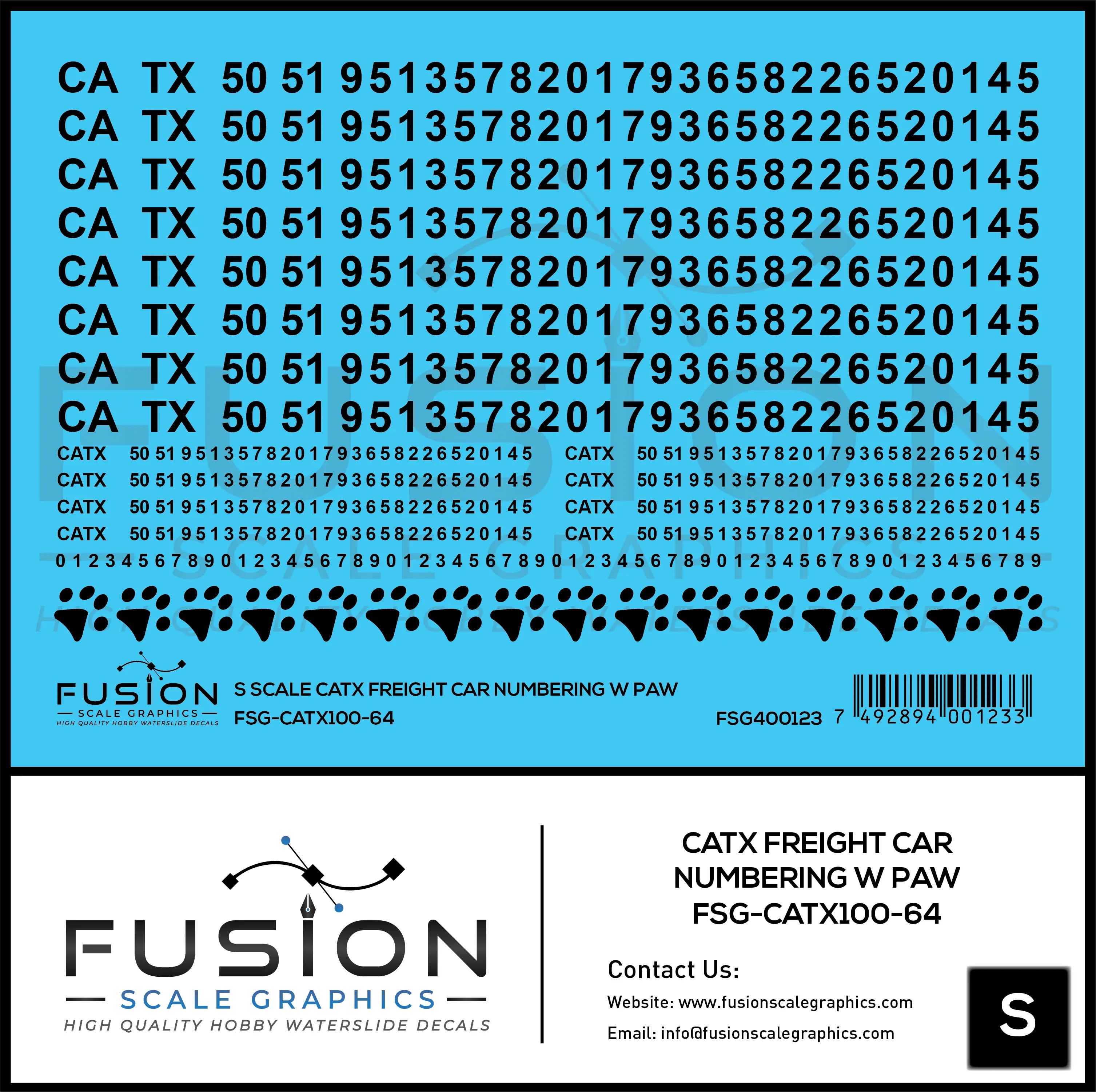 S Scale CATX Freight Car Numbering Decal Set with Paw Print Fusion Scale Graphics