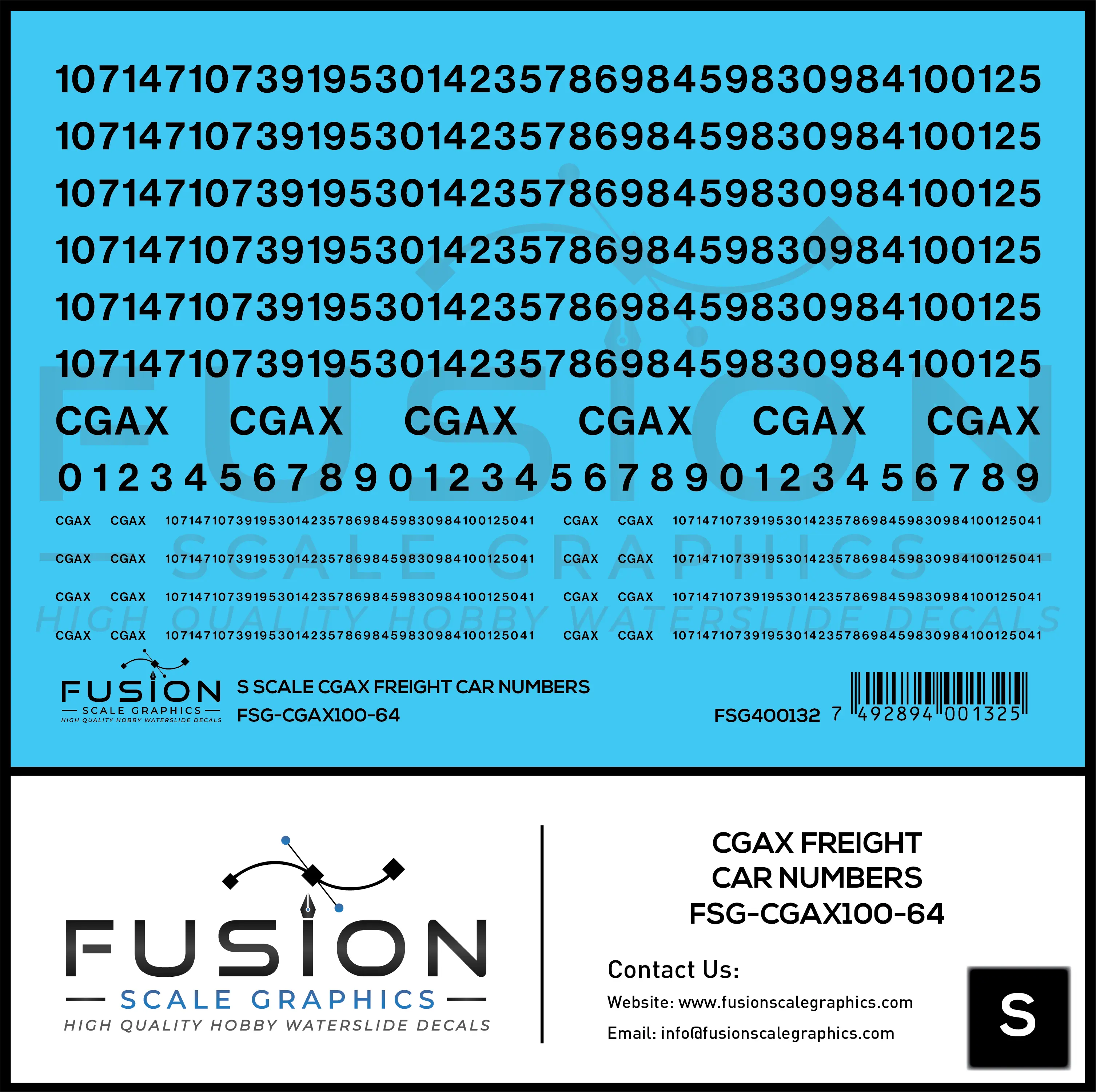 S Scale CGAX Freight Car Numbering Decal Set Fusion Scale Graphics