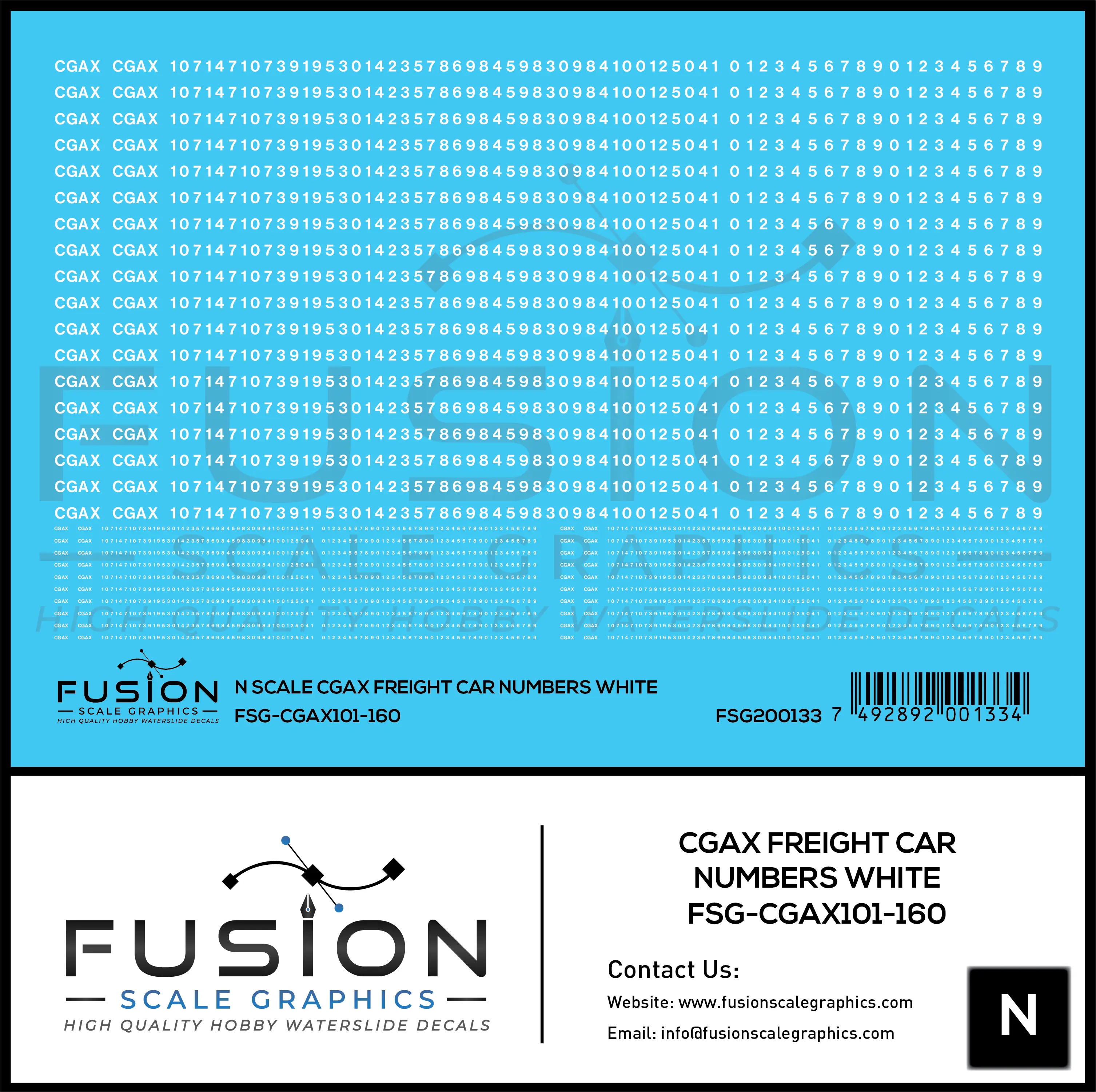 N Scale White CGAX Freight Car Numbering Decal Set Fusion Scale Graphics