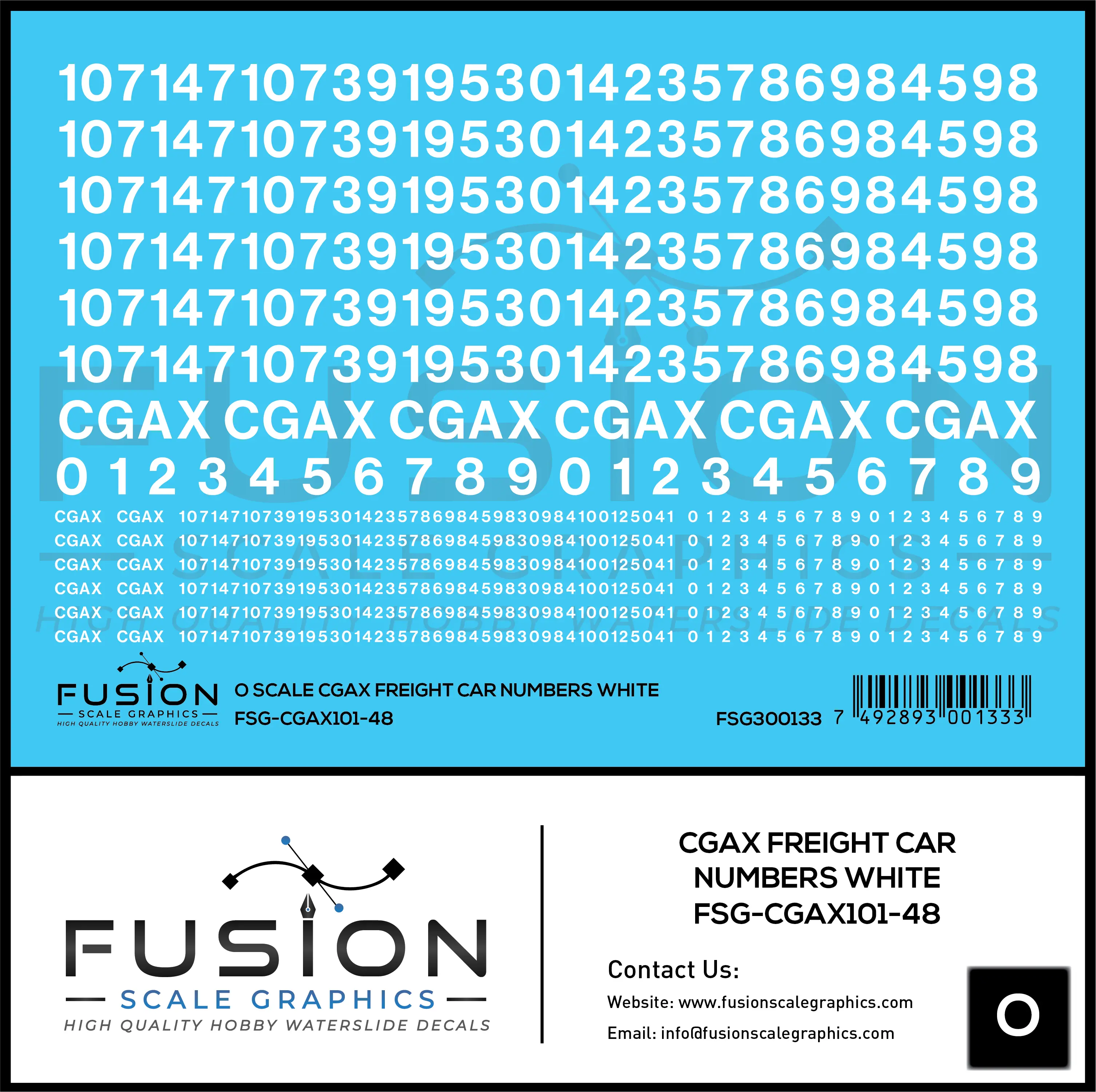 O Scale White CGAX Freight Car Numbering Decal Set Fusion Scale Graphics