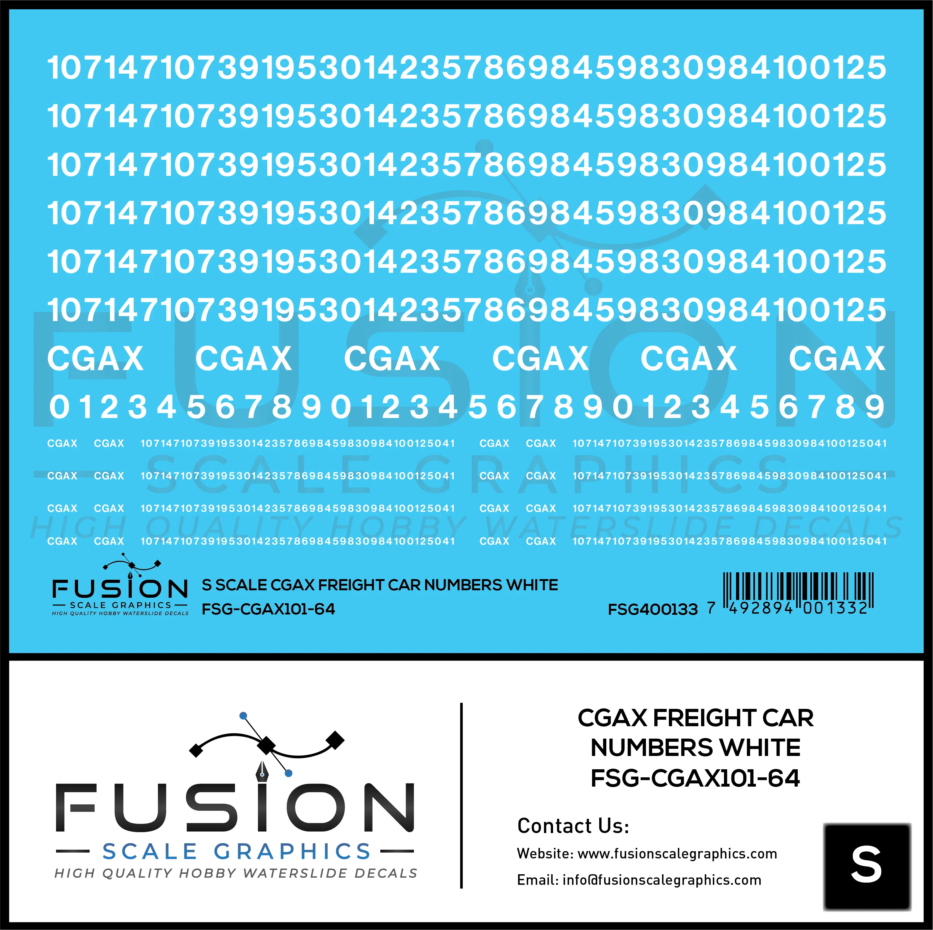 S Scale White CGAX Freight Car Numbering Decal Set Fusion Scale Graphics