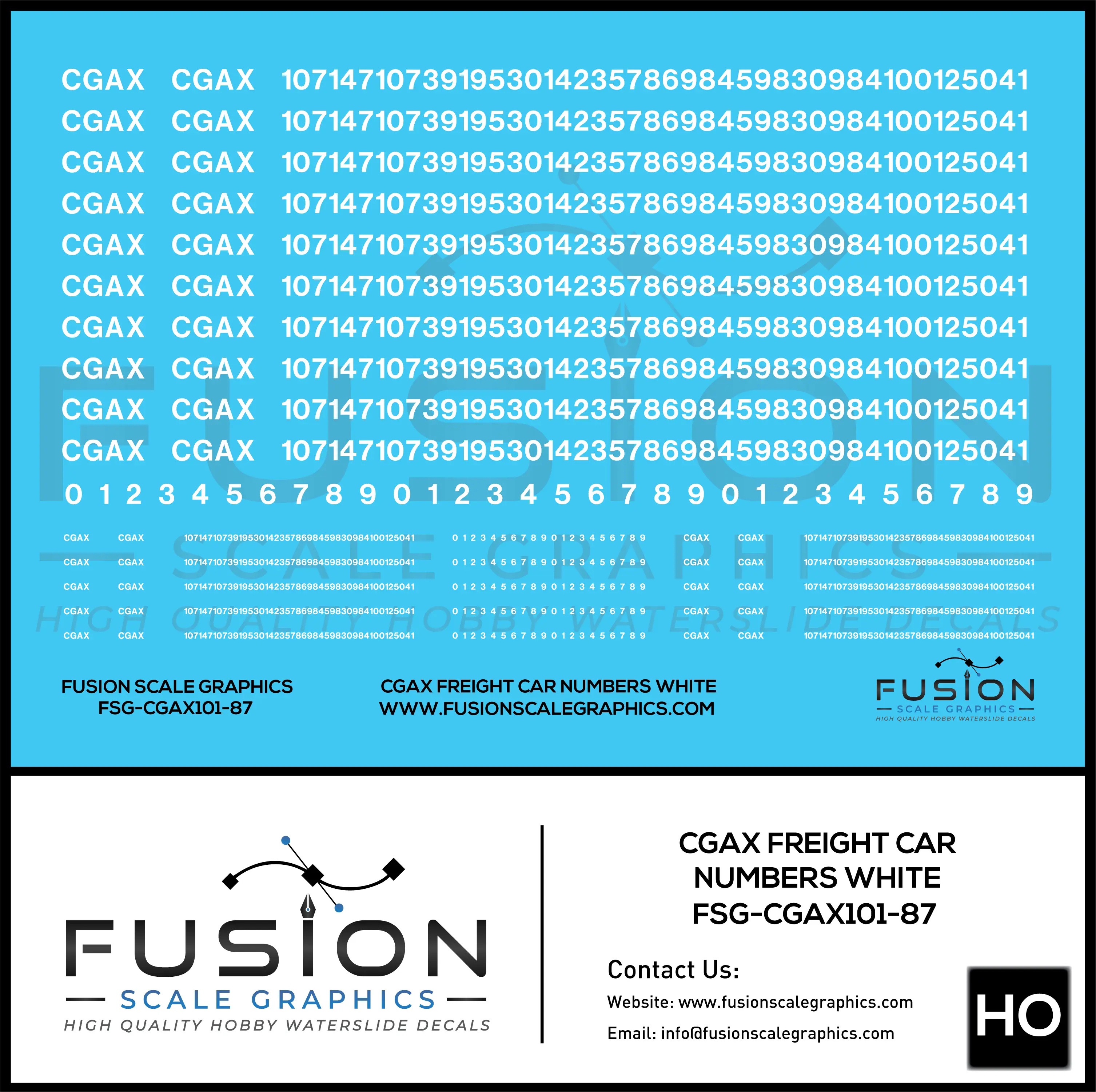 HO Scale White CGAX Freight Car Numbering Decal Set Fusion Scale Graphics