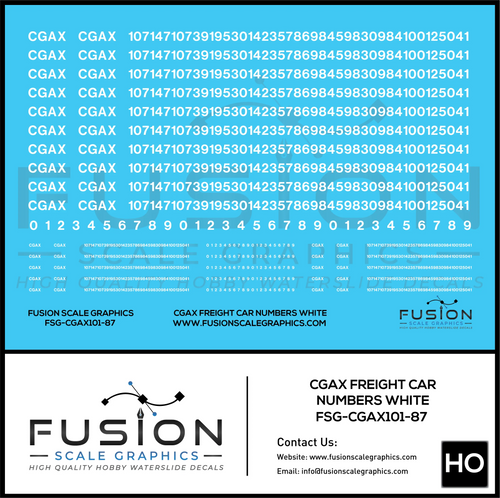 HO Scale White CGAX Freight Car Numbering Decal Set Fusion Scale Graphics