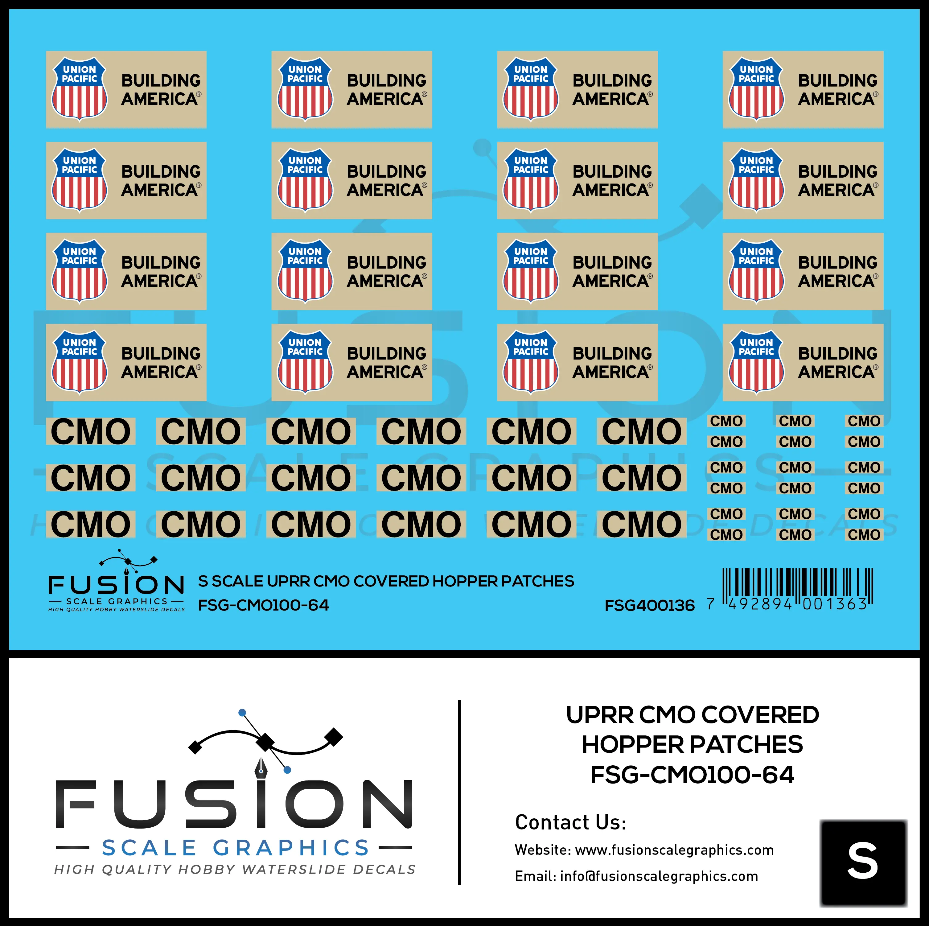 S Scale UPRR CMO Covered Hopper Patches Decal Set Fusion Scale Graphics