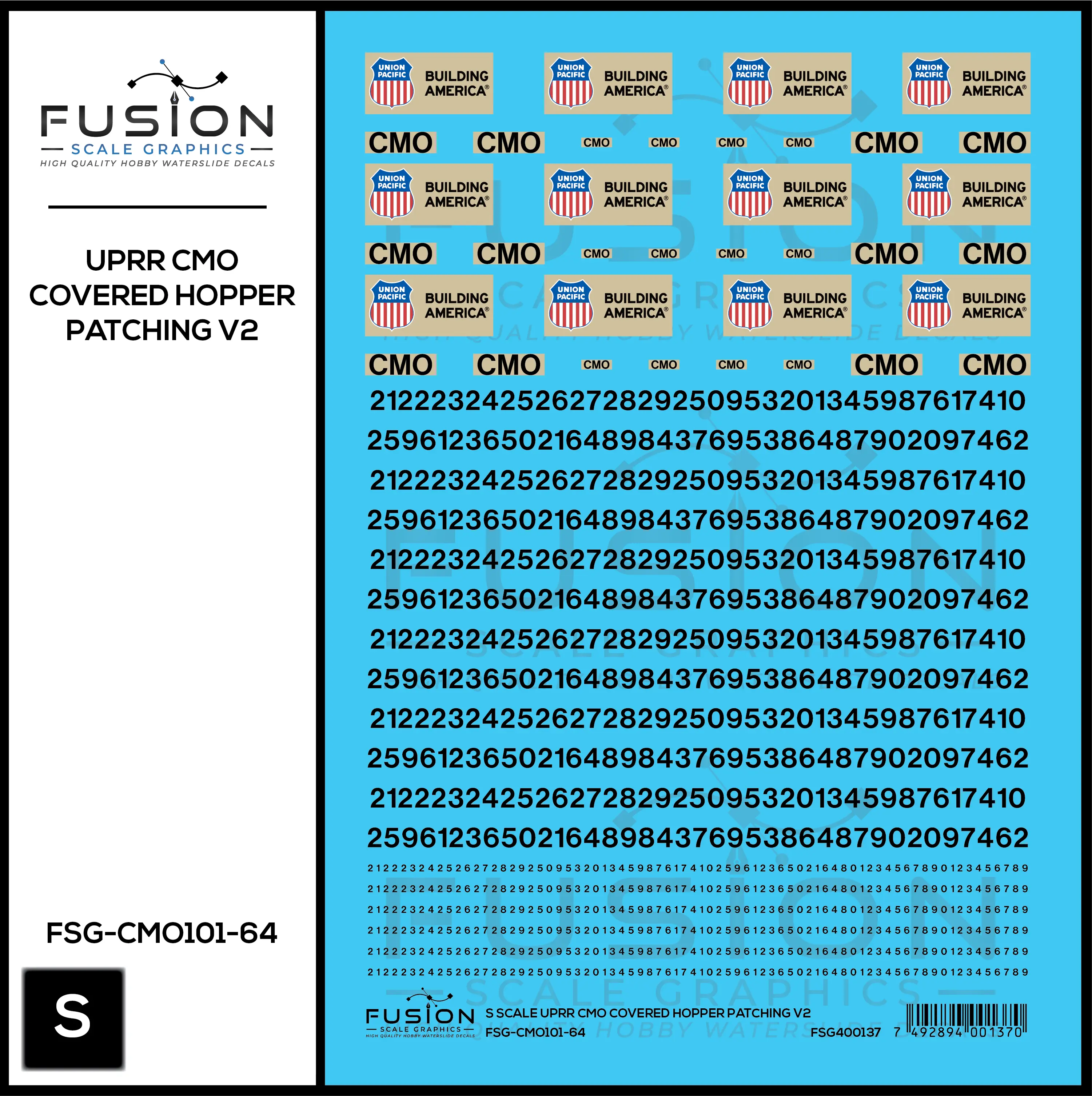 S Scale UPRR CMO Covered Hopper Patching V2 Decal Set Fusion Scale Graphics