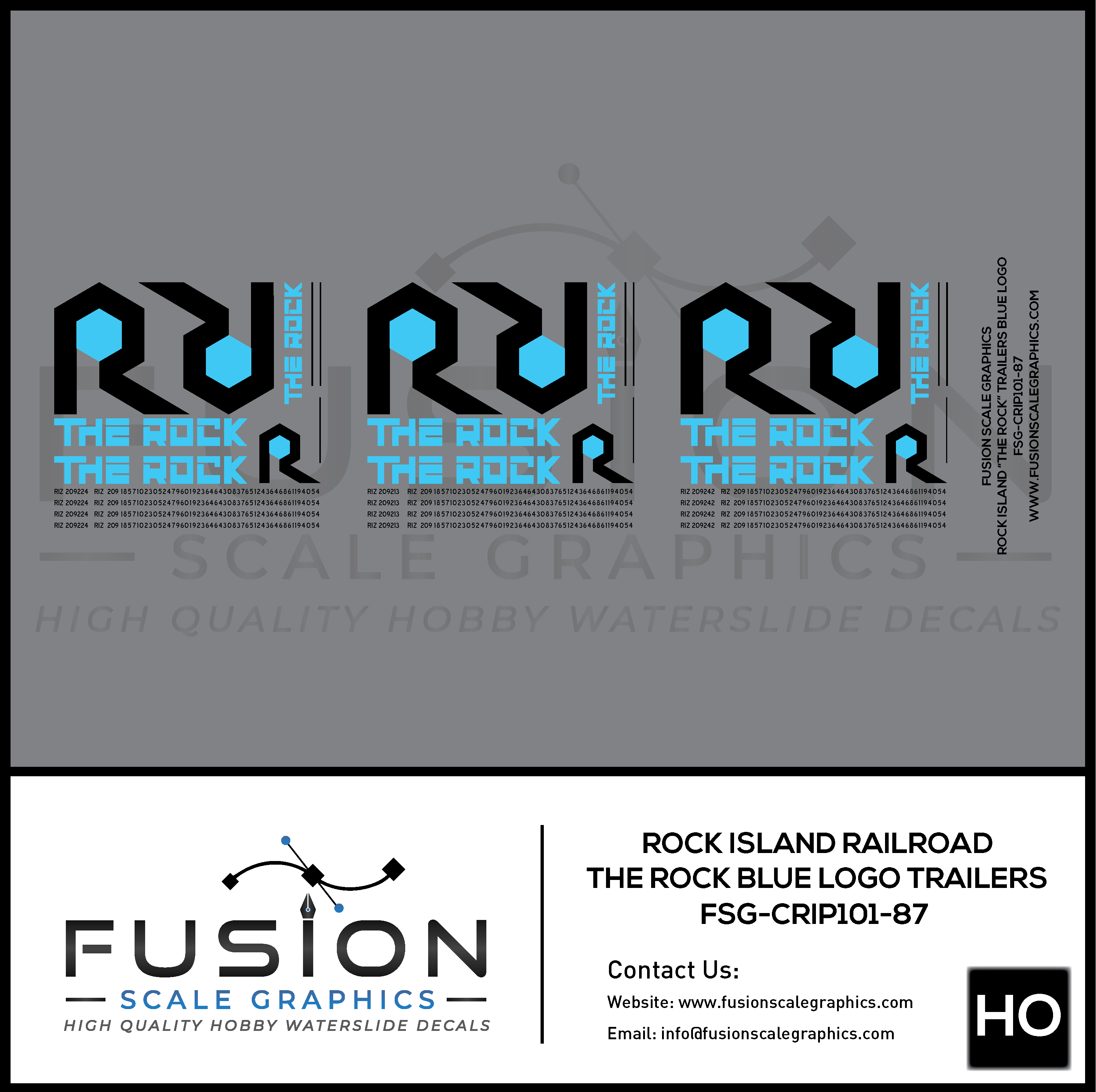 HO Scale Rock Island "The Rock" Trailers Blue Logo Decal Set Fusion Scale Graphics