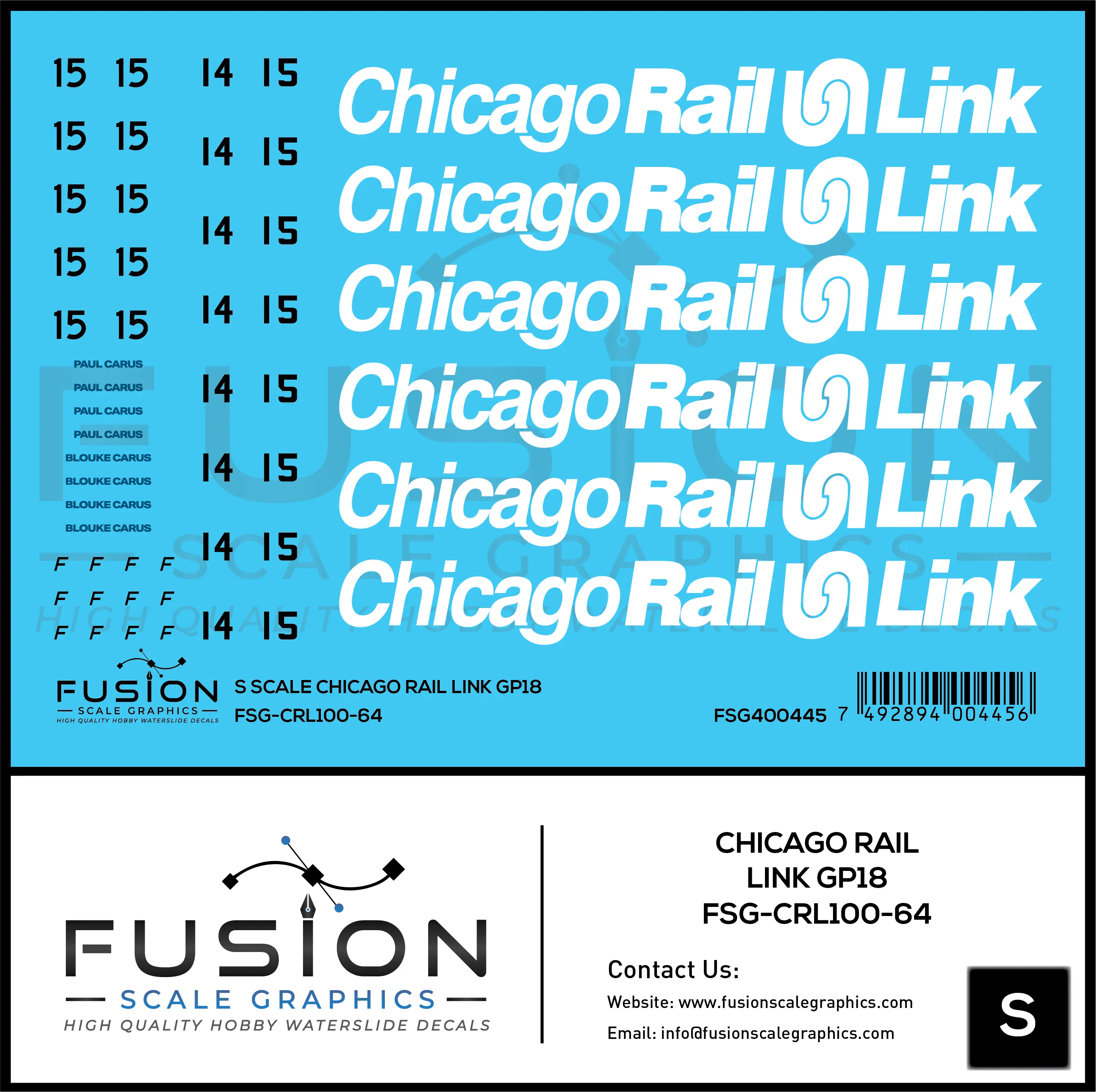 S Scale Chicago Rail Link EMD GP18 14 & 15 Locomotive Decal Set Fusion Scale Graphics