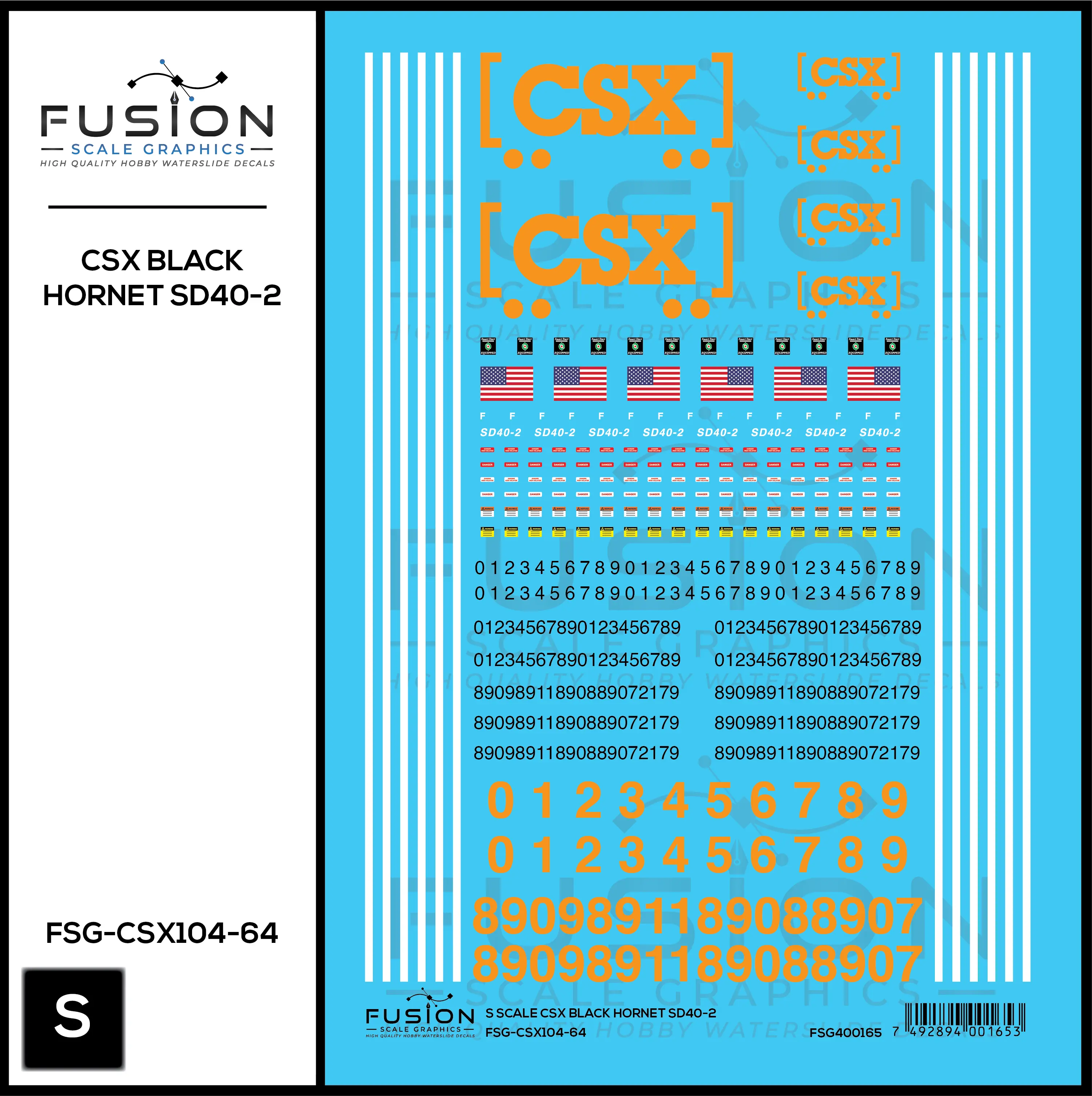 S Scale CSX Black Hornet EMD SD40-2 Locomotive Decal Set Fusion Scale Graphics