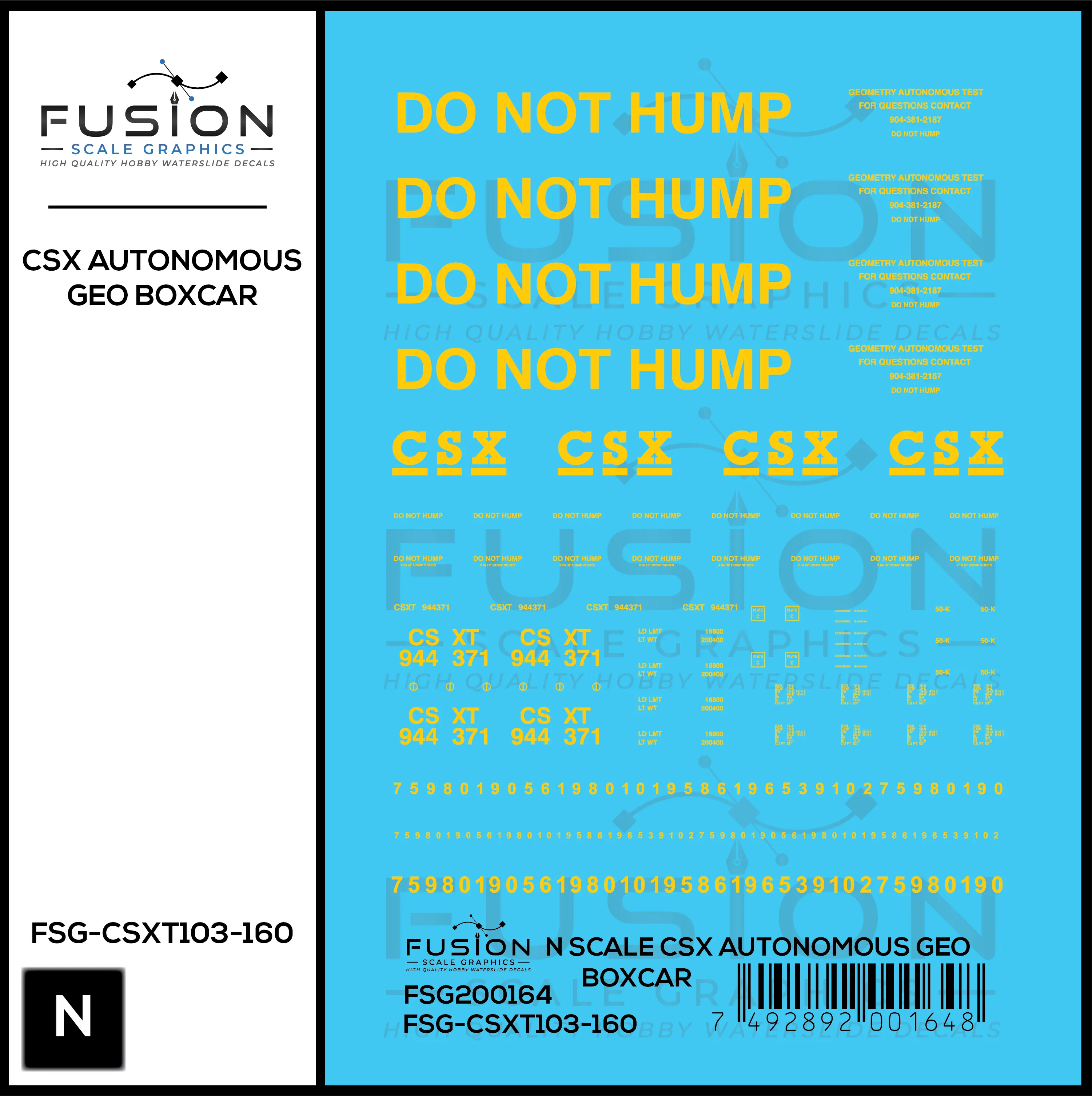 N Scale CSXT Autonomous Geometry Test Car Boxcar Decal Set Fusion Scale Graphics