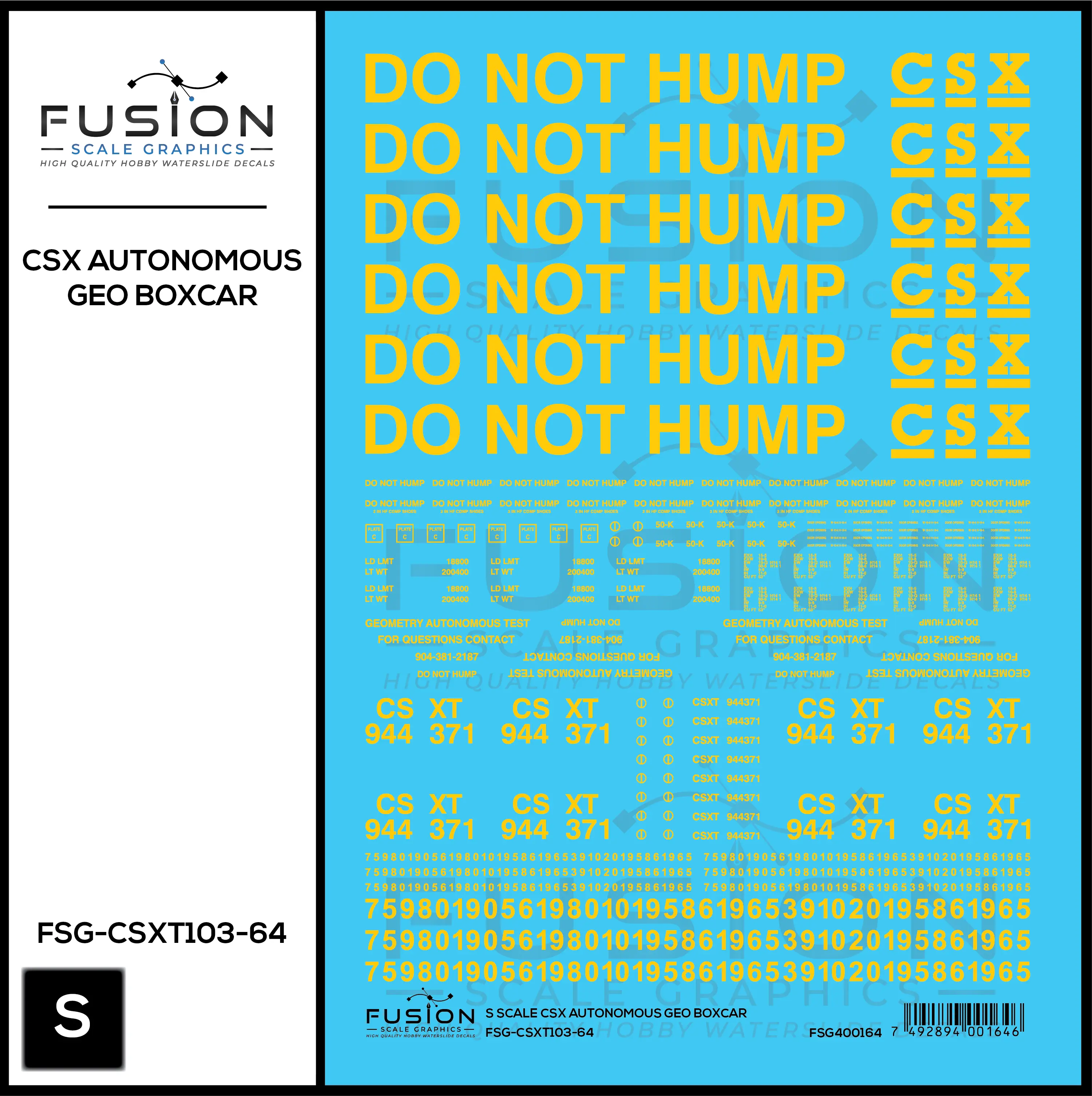S Scale CSX Autonomous Geometry Test Car Boxcar Decal Set Fusion Scale Graphics