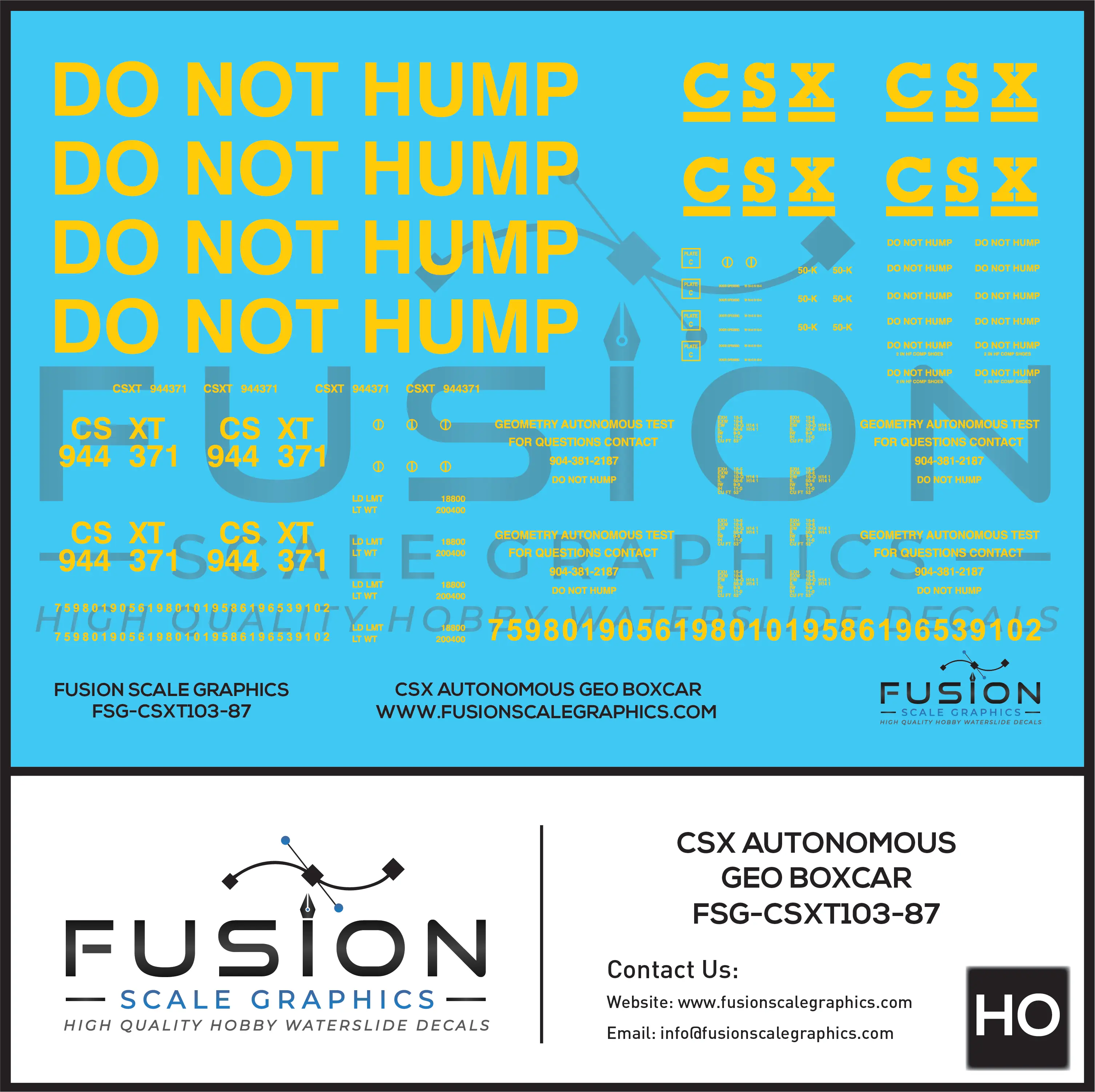 HO Scale CSX Autonomous Geometry Test Car Boxcar Decal Set Fusion Scale Graphics