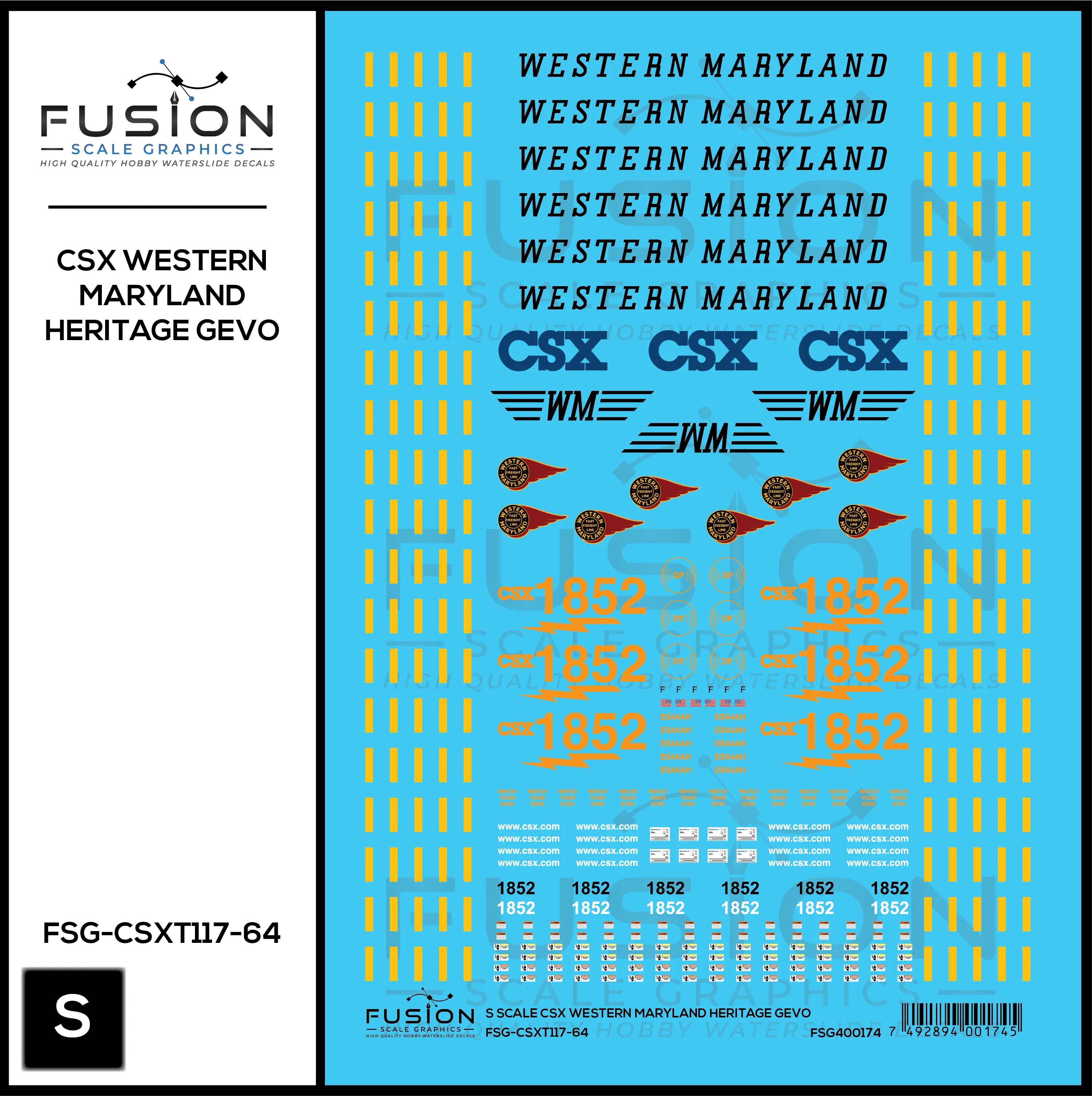 S Scale CSX 1852 W&M Western Maryland Heritage ES44AH Locomotive Decal Set Fusion Scale Graphics