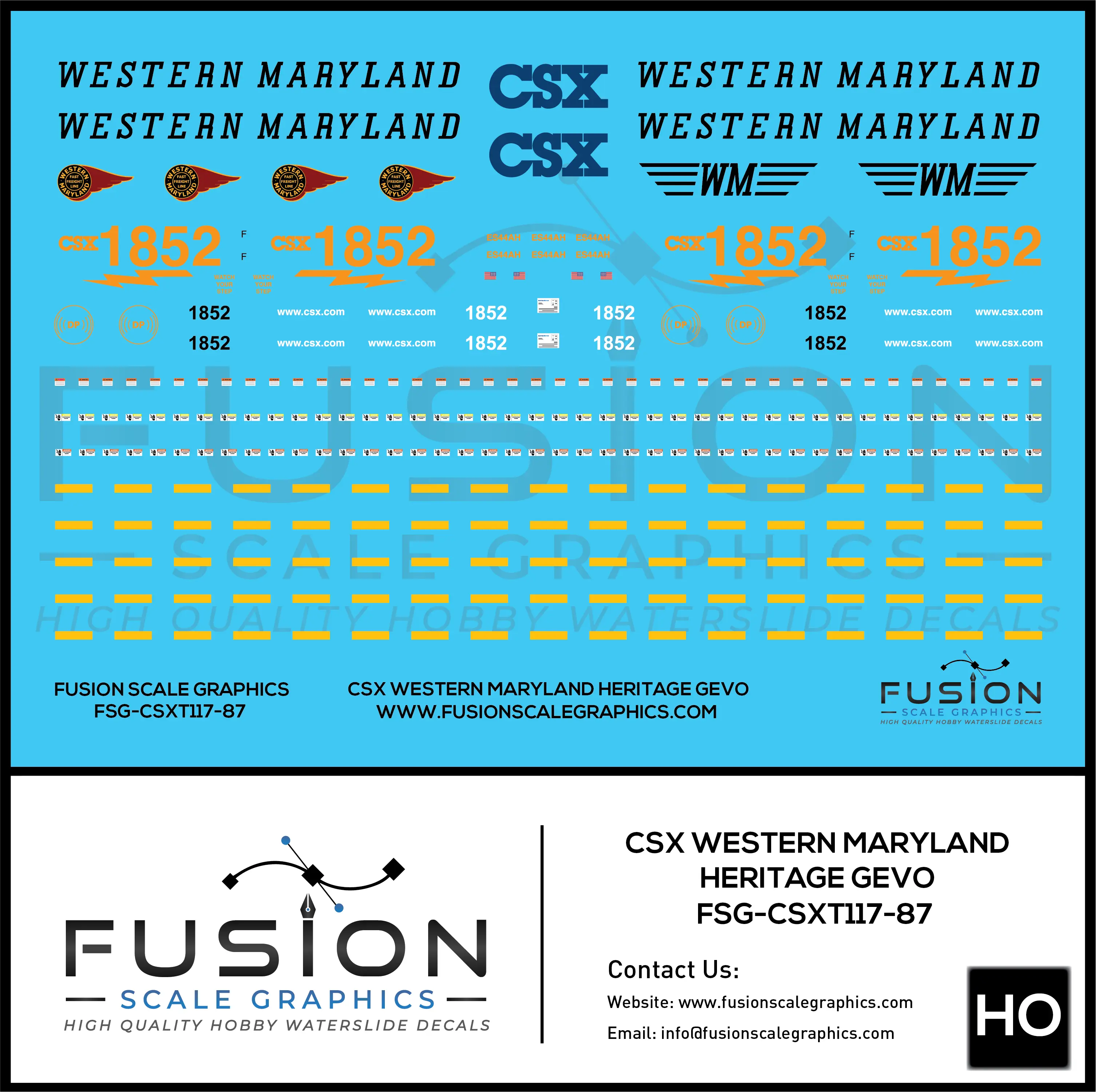 HO Scale CSX 1852 W&M Western Maryland Heritage ES44AH Locomotive Decal Set Fusion Scale Graphics