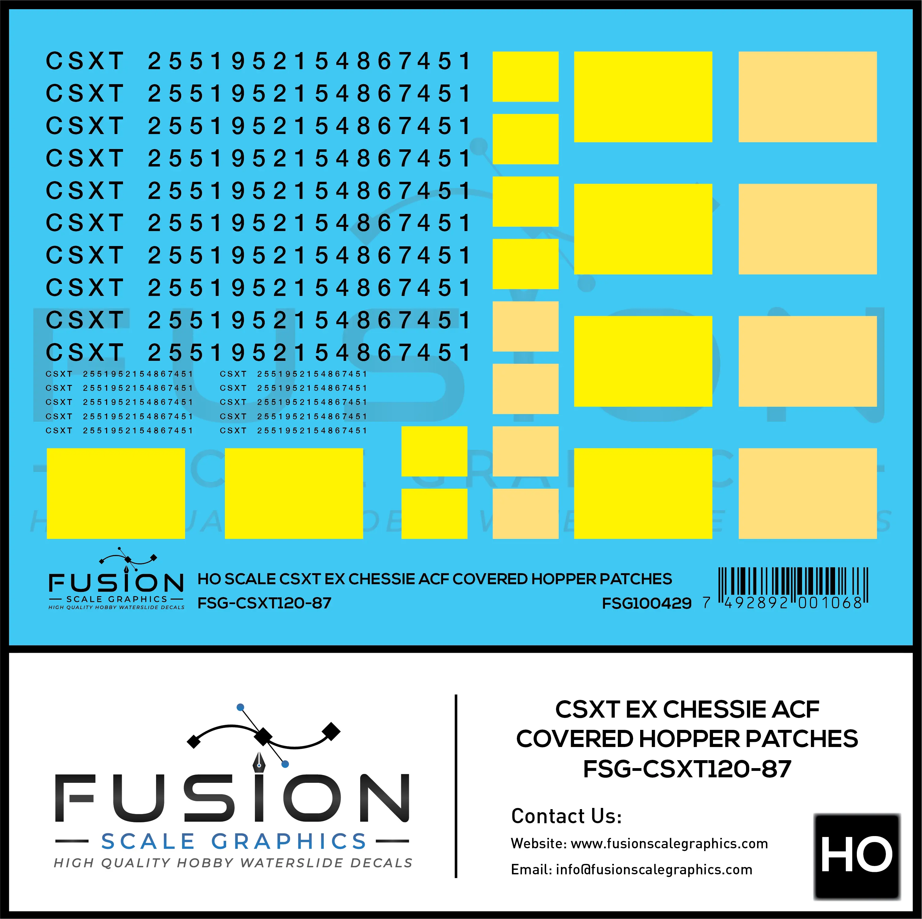 HO Scale CSXT Ex Chessie ACF Covered Hopper Number Patches Decal Set Fusion Scale Graphics