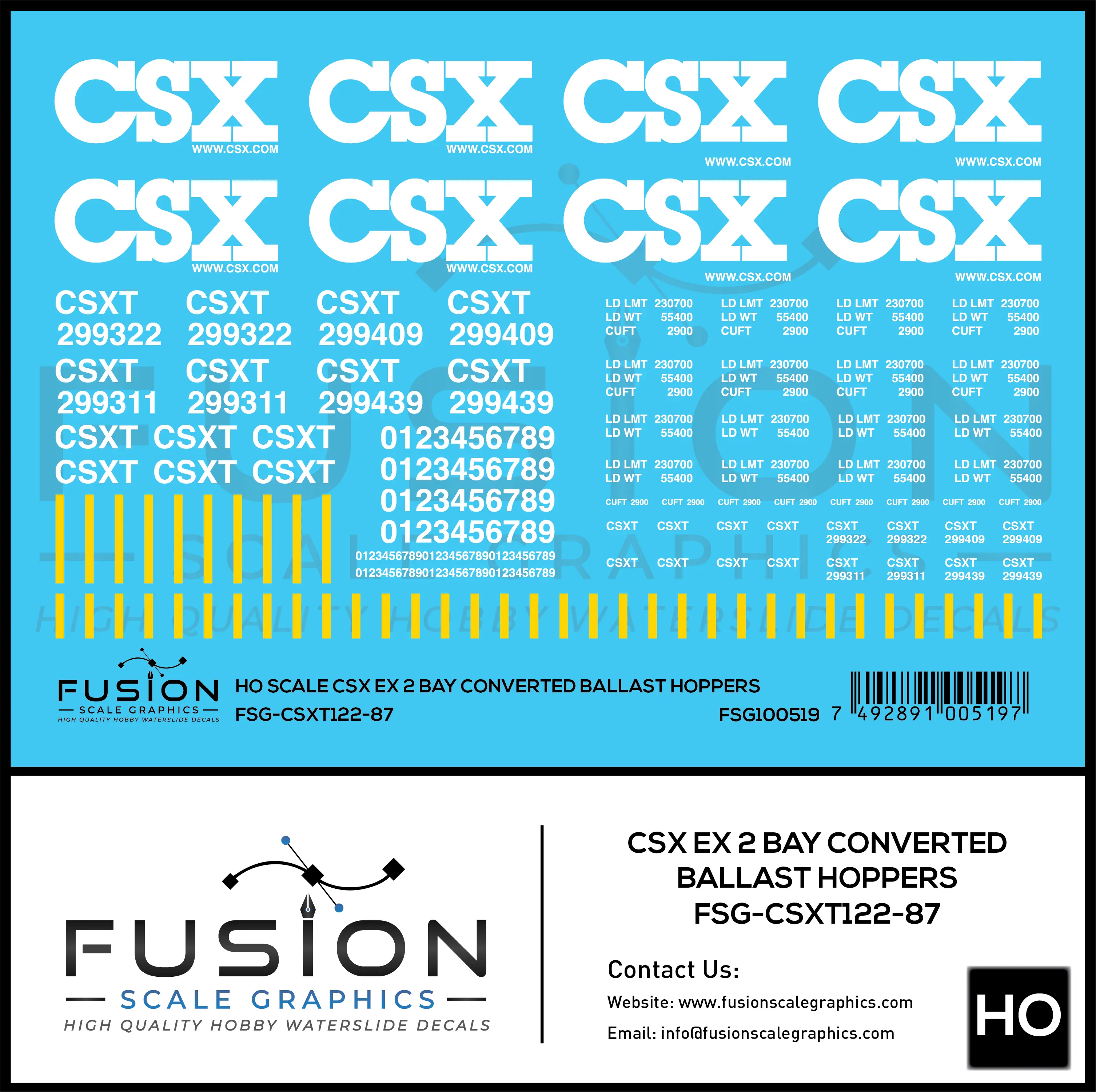 HO Scale CSXT / CSX Converted Ex 2 Bay Ballast Hoppers Decal Set Fusion Scale Graphics