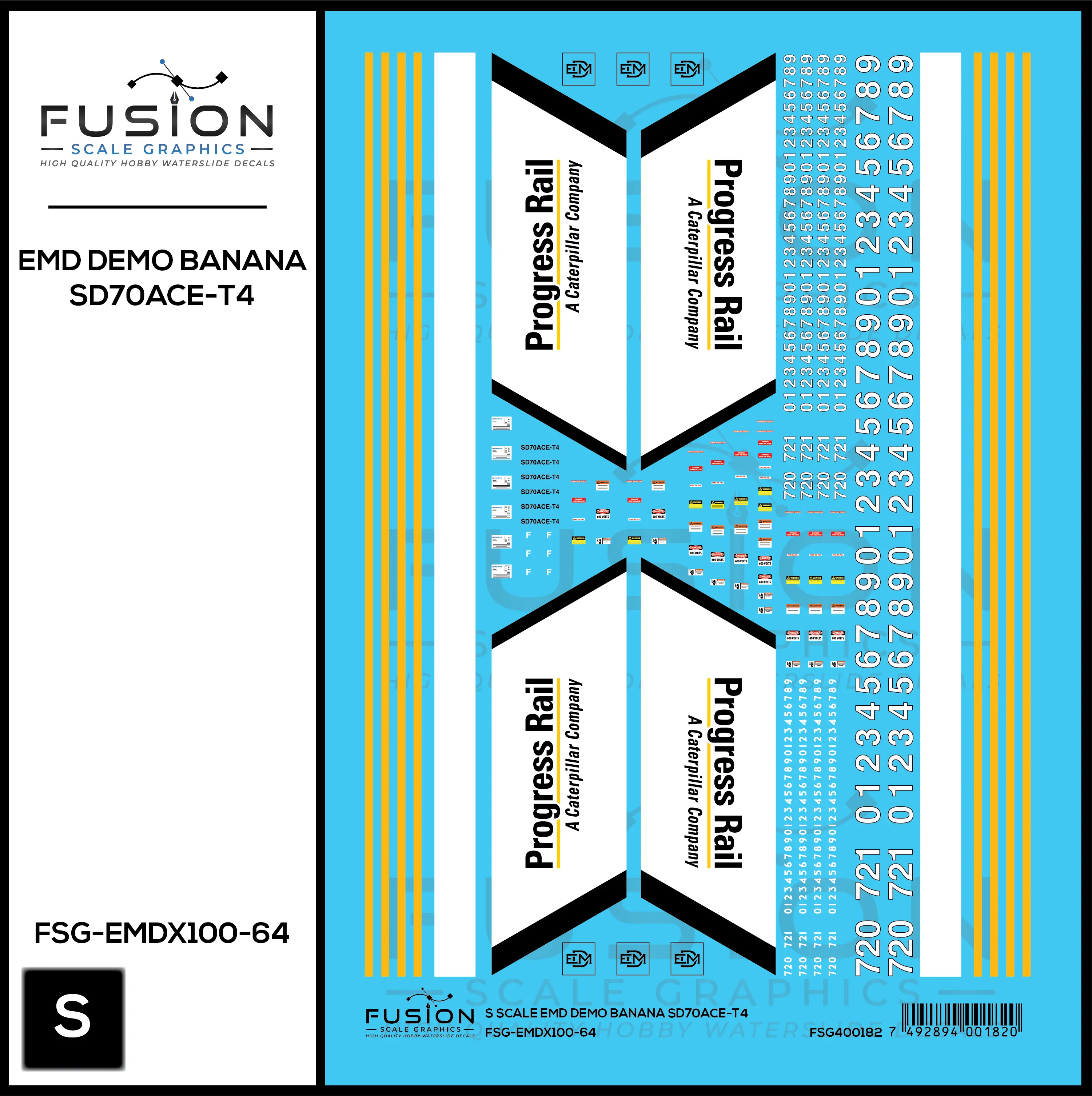 S Scale EMD Demo Banana SD70ACE-T4 Locomotive Decal Set Fusion Scale Graphics