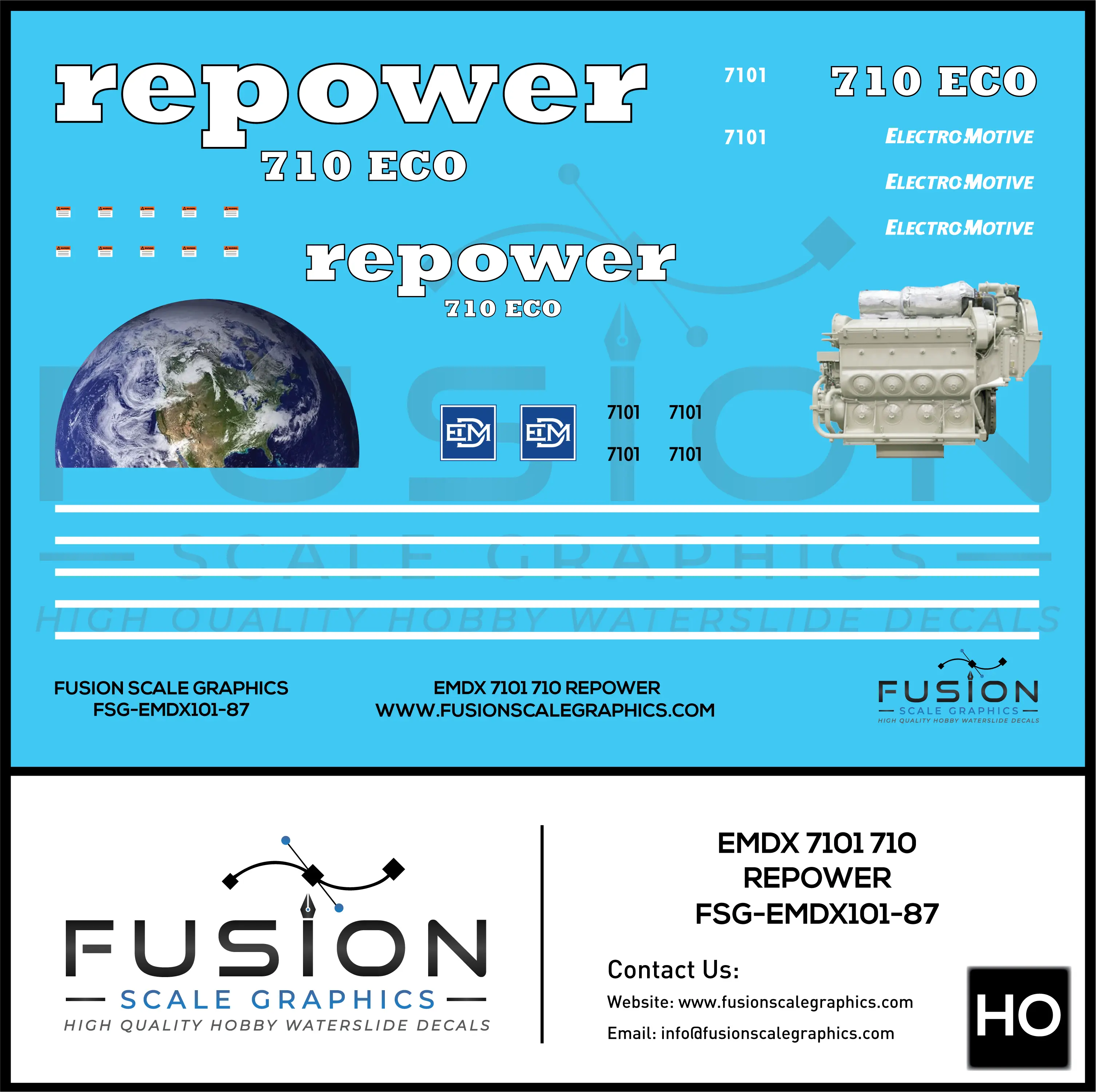 HO Scale EMDX 7101 710 Repower Locomotive Decal Set Fusion Scale Graphics