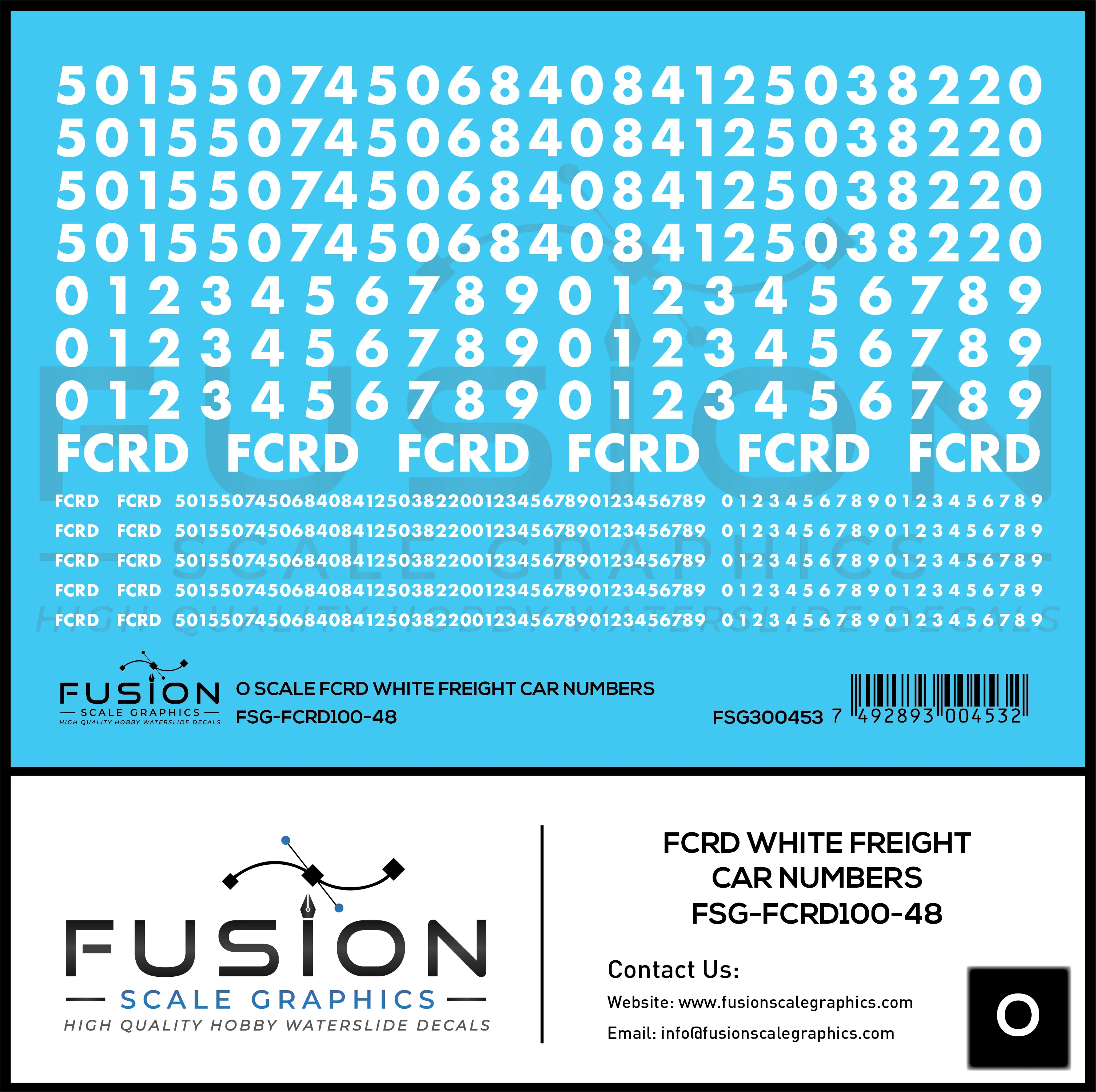 O Scale First Coast FCRD White Freight Car Numbers Decal Set Fusion Scale Graphics