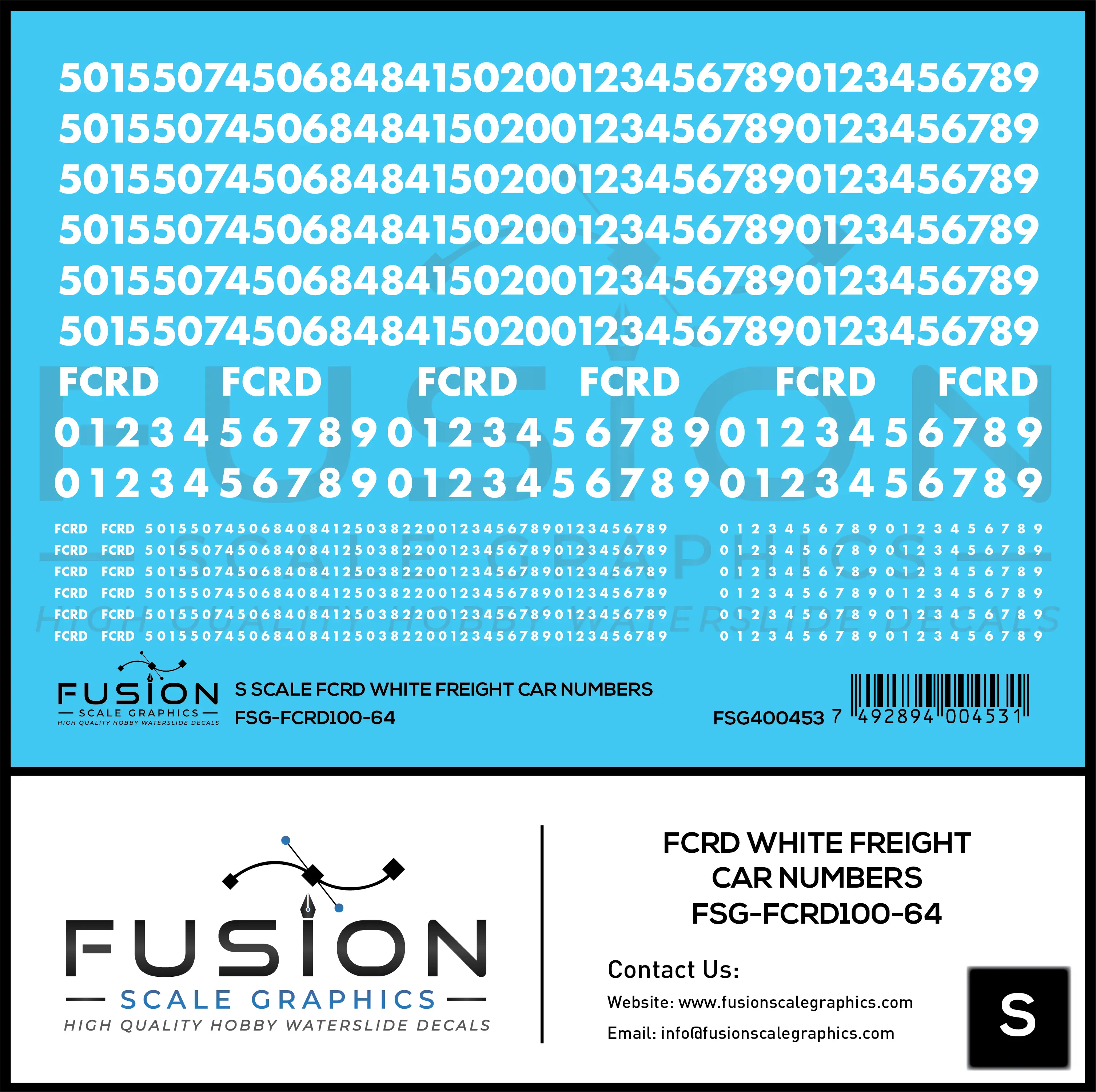 S Scale First Coast FCRD White Freight Car Numbers Decal Set Fusion Scale Graphics