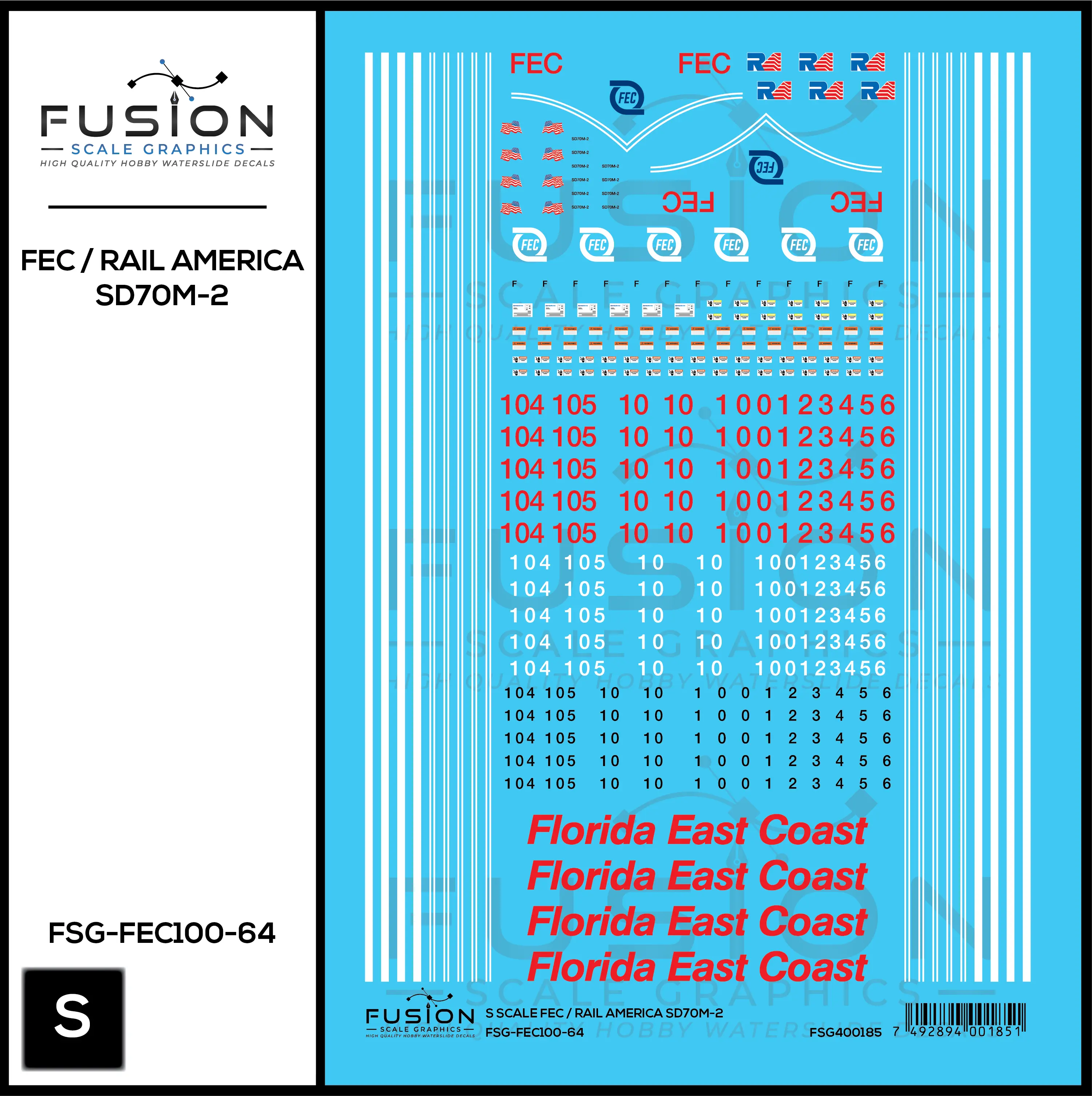 S Scale Florida East Coast/Rail America EMD SD70M-2 Locomotive Decal Set Fusion Scale Graphics