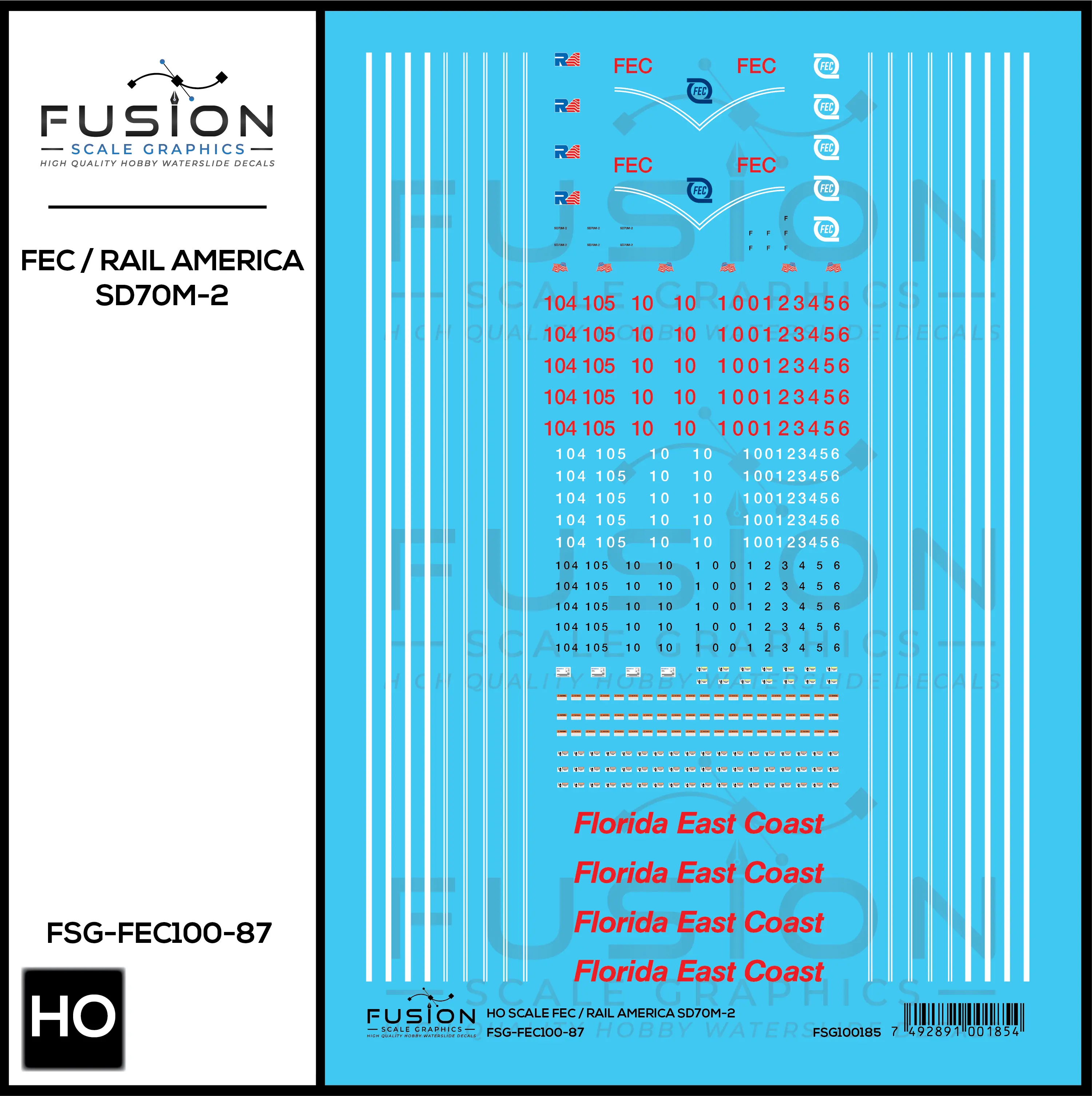 HO Scale Florida East Coast/Rail America EMD SD70M-2 Locomotive Decal Set Fusion Scale Graphics