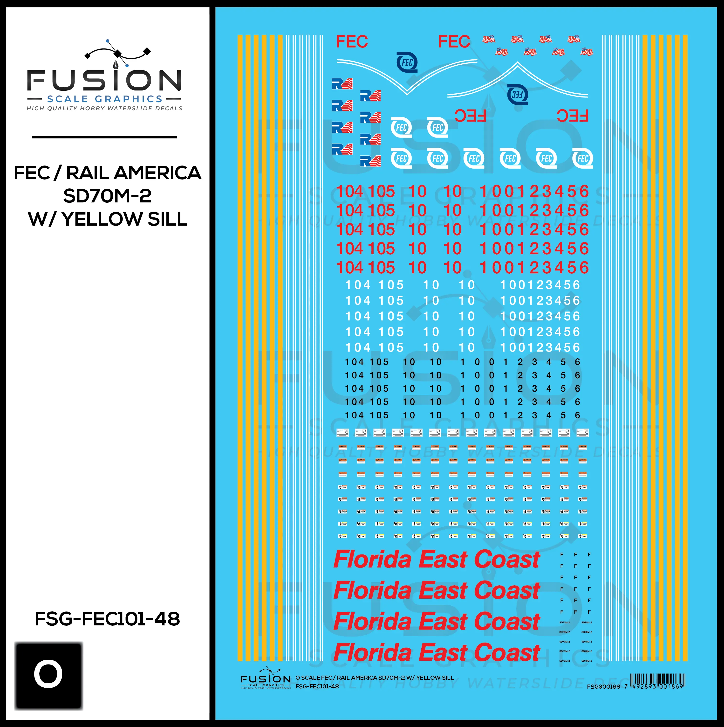 O Scale Florida East Coast/Rail America EMD SD70M-2 W/ Yellow Sill Locomotive Decal Set Fusion Scale Graphics