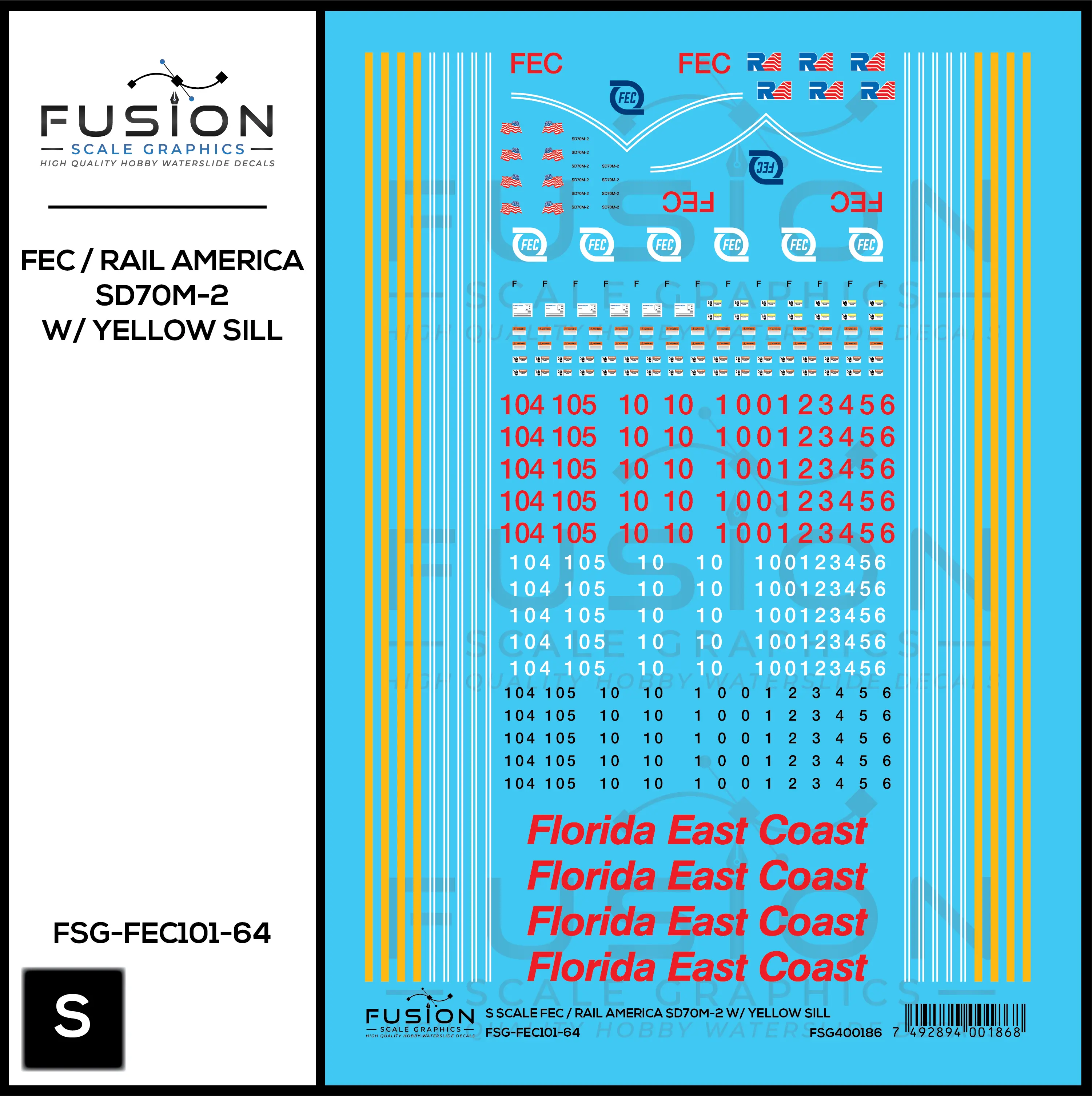 S Scale Florida East Coast/Rail America EMD SD70M-2 W/ Yellow Sill Locomotive Decal Set Fusion Scale Graphics