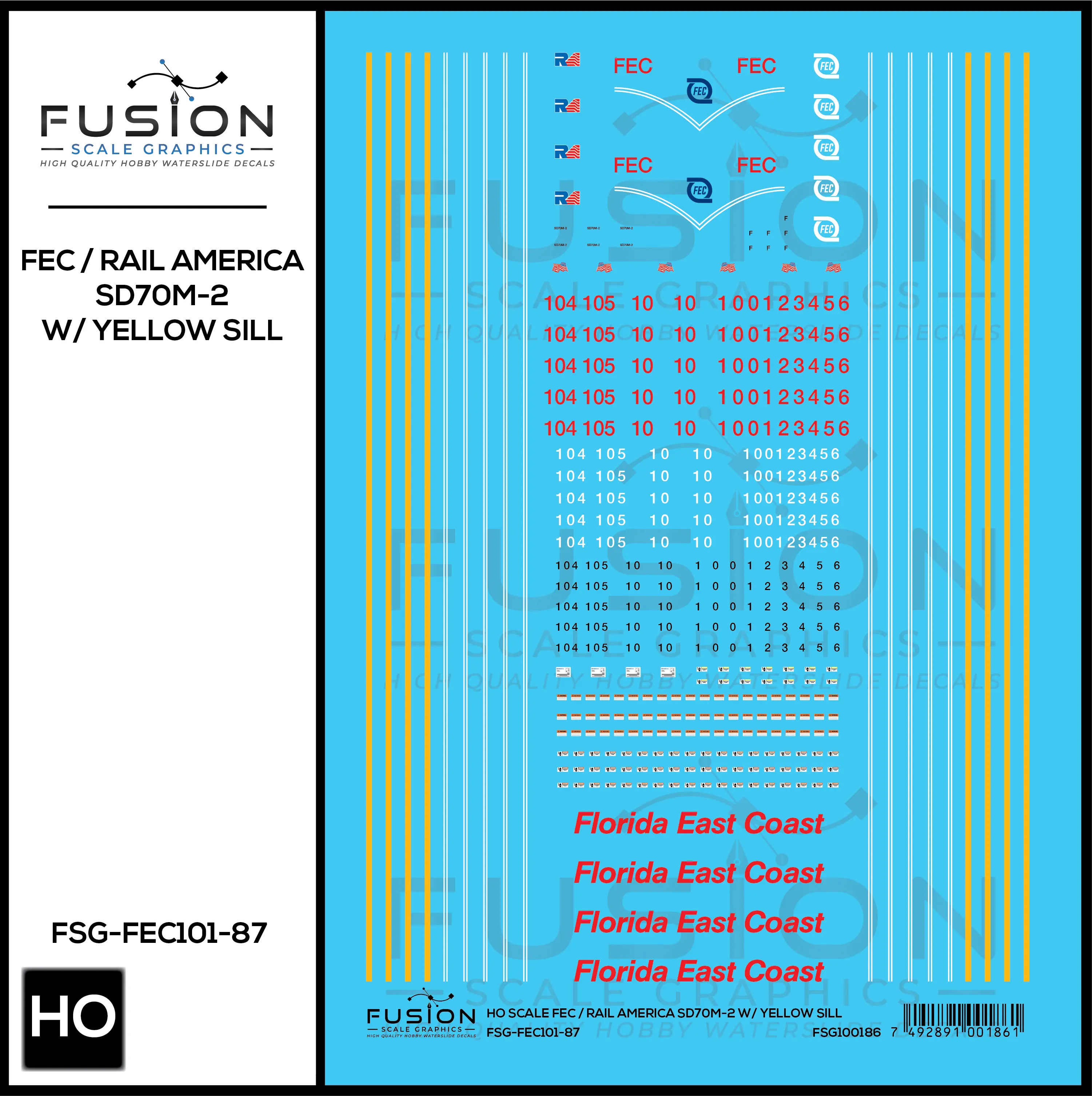 HO Scale Florida East Coast RA SD70M-2 Locomotives W/ Yellow Sill Fusion Scale Graphics