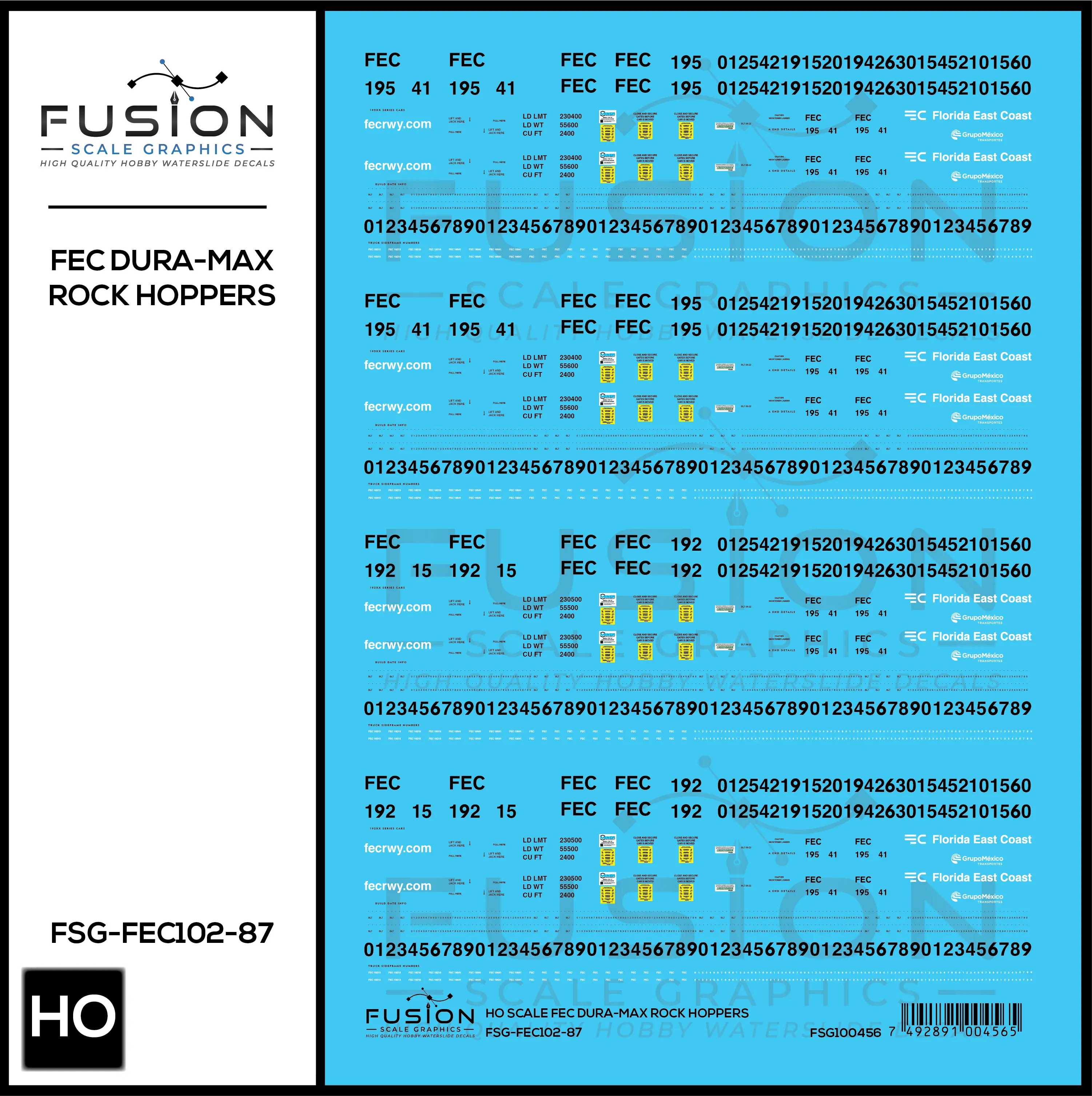 HO Scale Florida East Coast Dura-Max Rock Hopper Cars Decal Set Fusion Scale Graphics