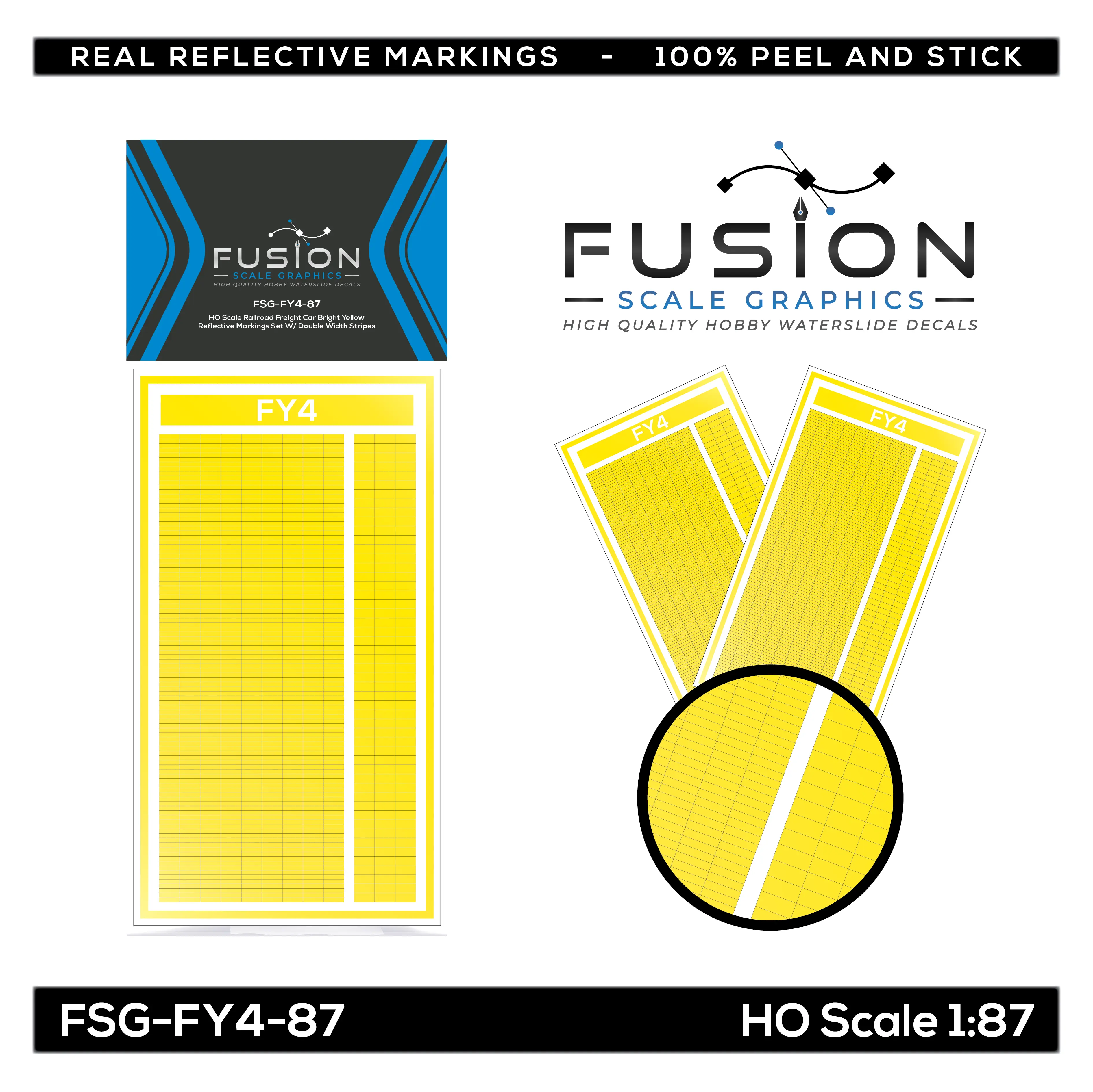 HO Scale Railroad Freight Car Bright Yellow Reflective Markings Set W/ Double Width Stripes Fusion Scale Graphics