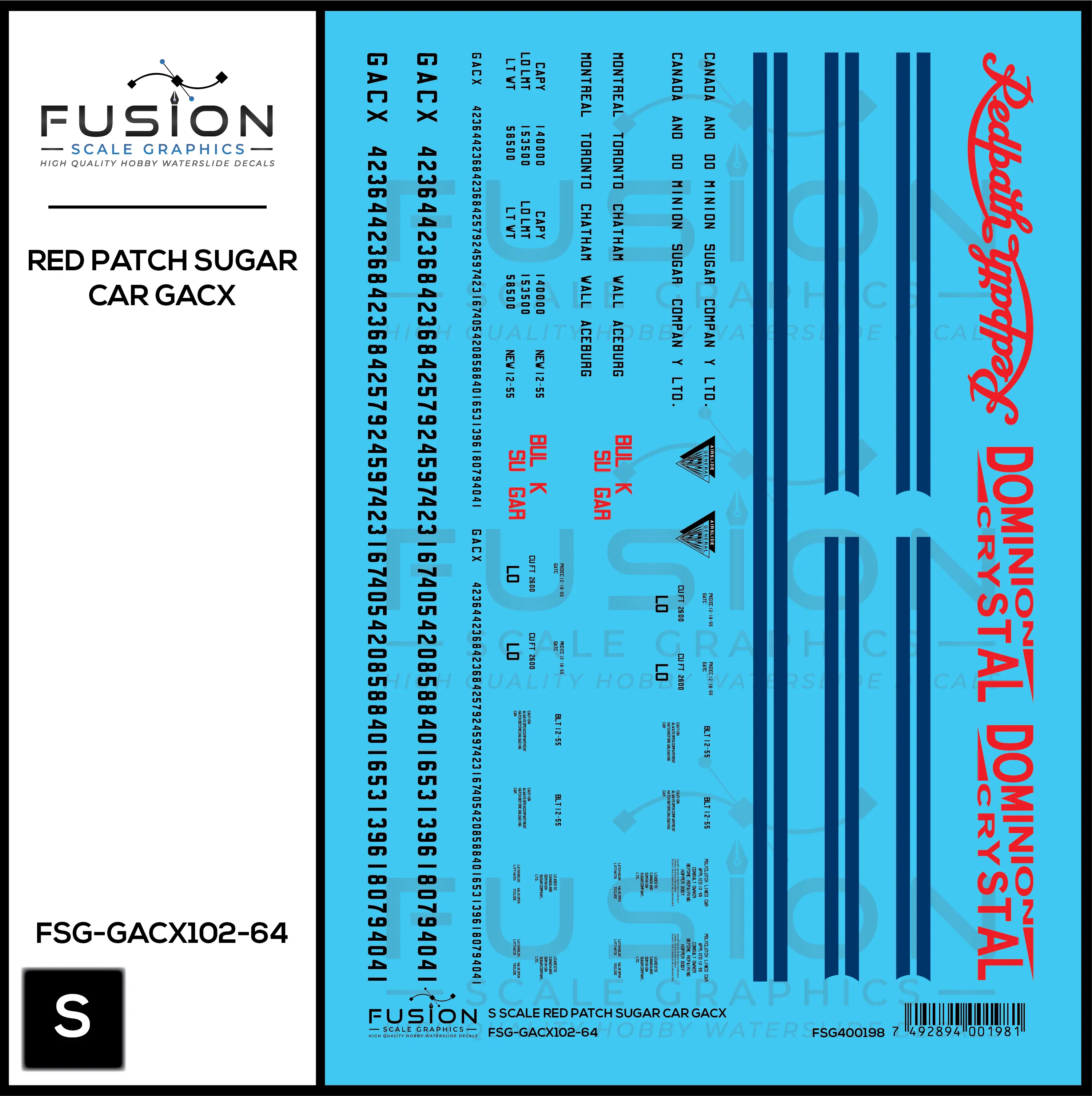 S Scale Redpath GACX Sugar Car Decal Set Fusion Scale Graphics