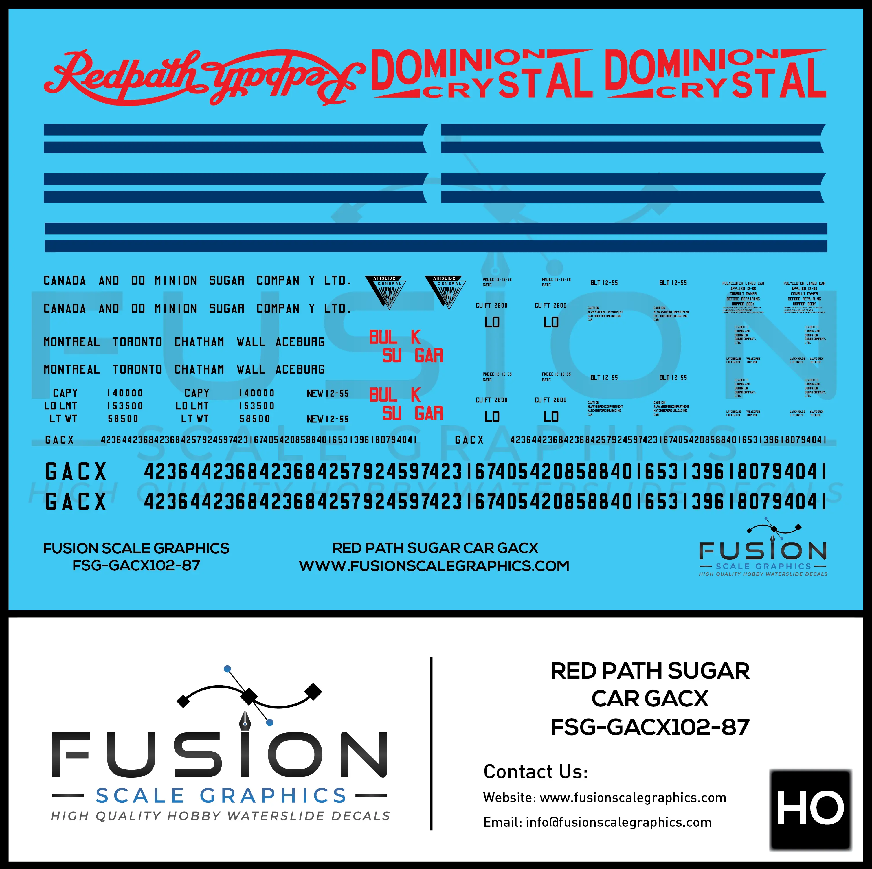 HO Scale Redpath GACX Sugar Car Decal Set Fusion Scale Graphics