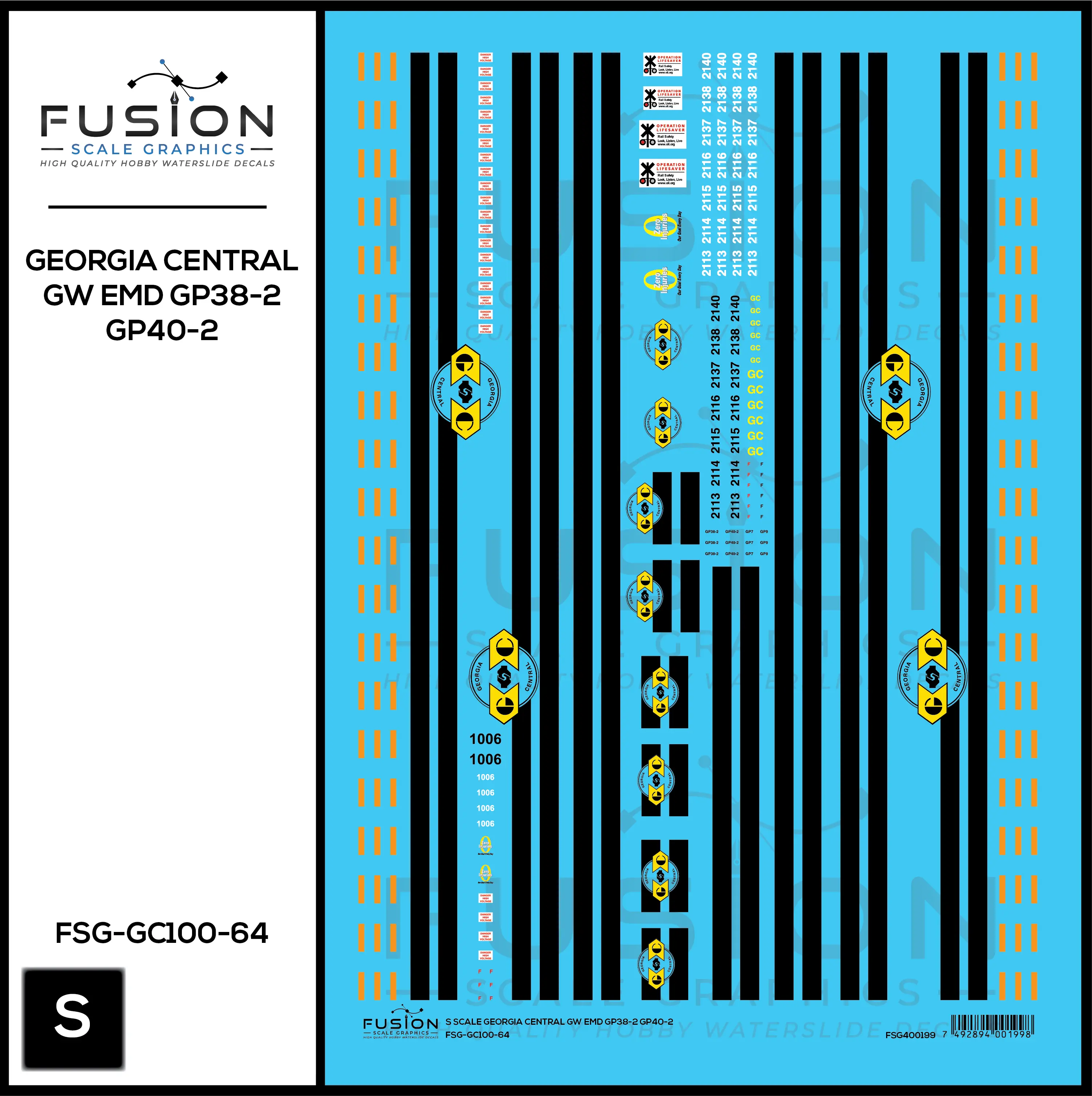 S Scale Georgia Central GW EMD GP38-2 & GP40-2 Locomotives Decal Set Fusion Scale Graphics