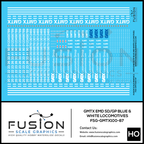 HO Scale GMTX Blue & White EMD GP SD Locomotive Decal Set Fusion Scale Graphics