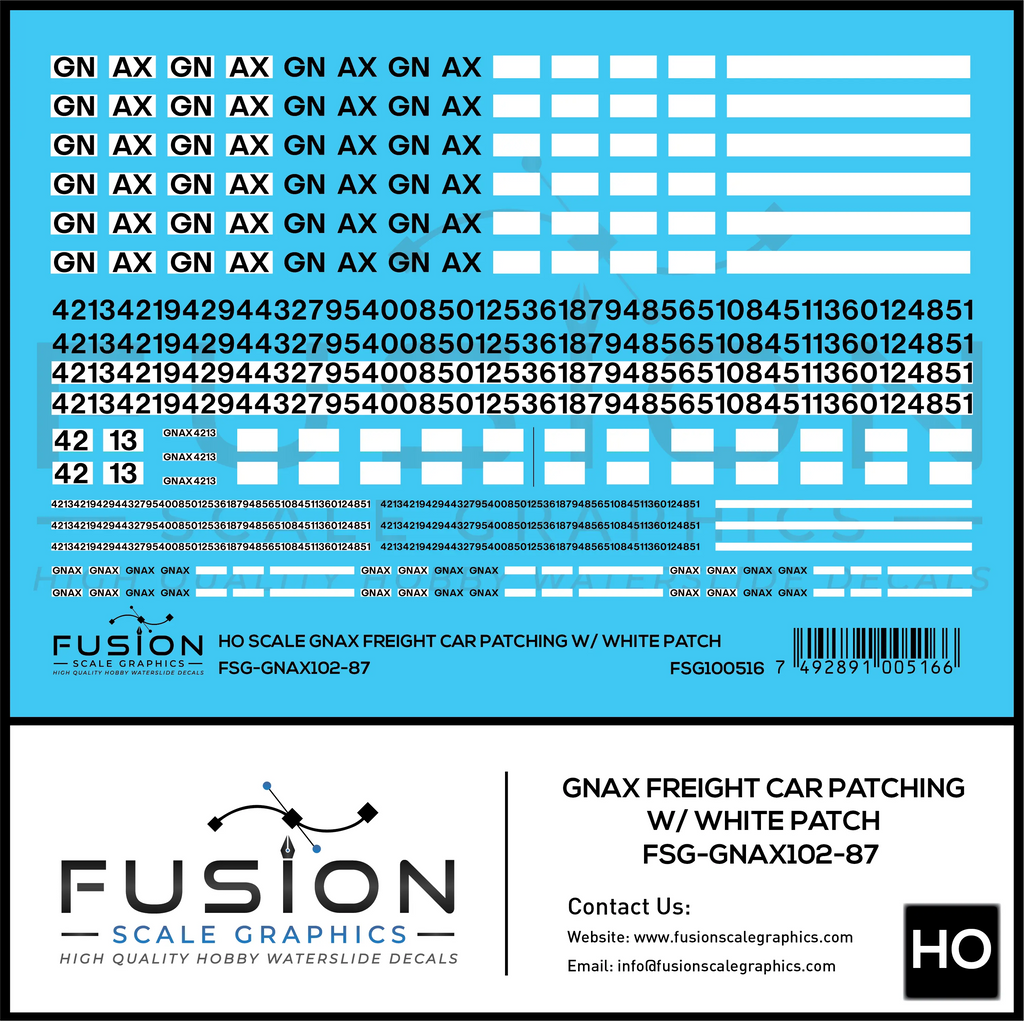 HO Scale GNAX Covered Hoppers Patching and Numbering Decal Set W/ White Patches Fusion Scale Graphics