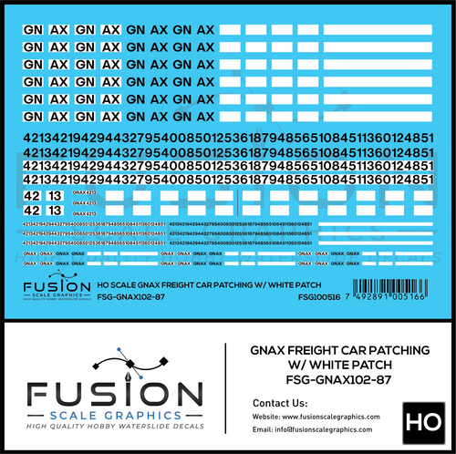 HO Scale GNAX Covered Hoppers Patching and Numbering Decal Set W/ White Patches Fusion Scale Graphics