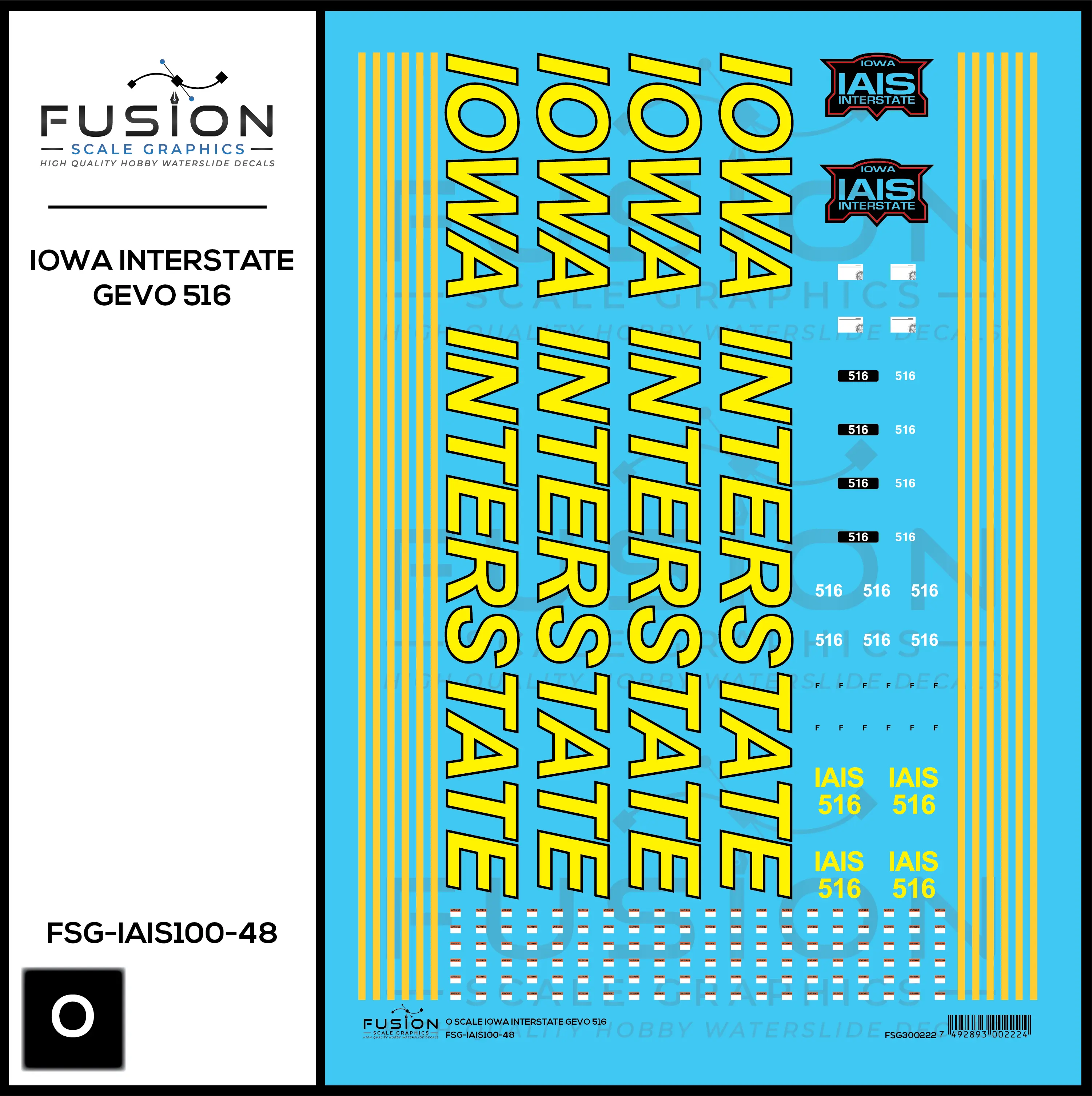 O Scale Iowa Interstate Railroad GEVO 516 Locomotive Decal Set Fusion Scale Graphics