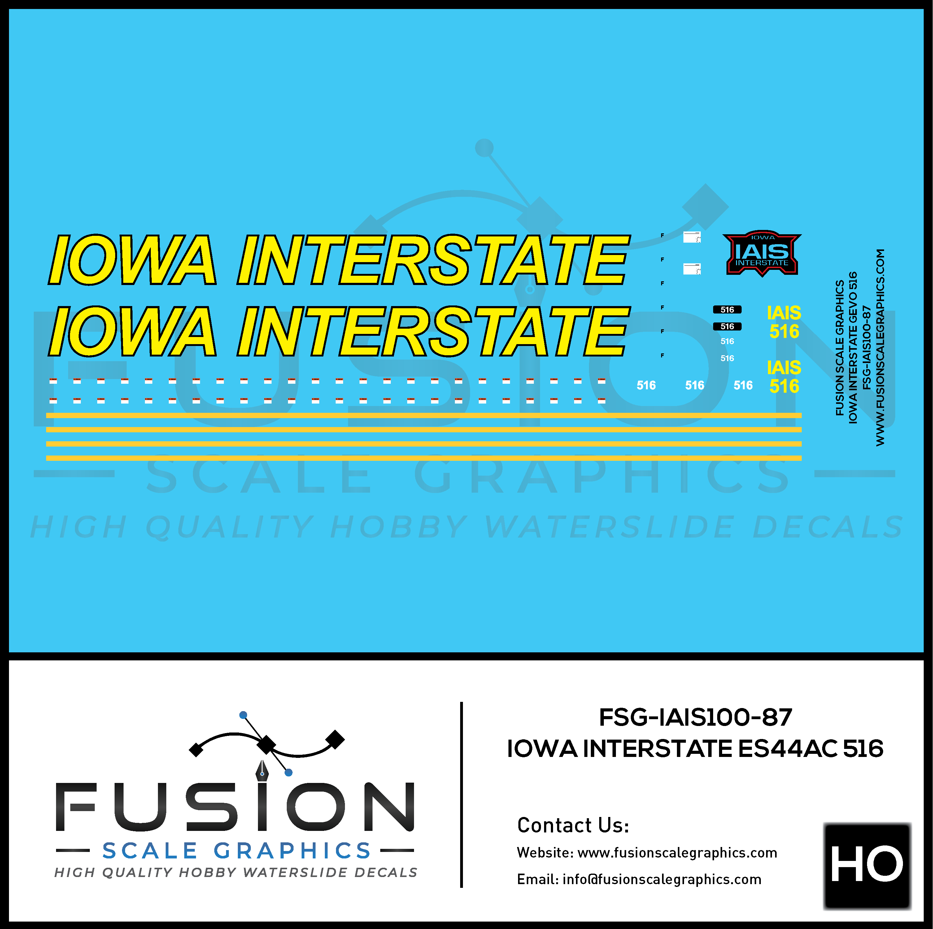 HO Scale Iowa Interstate Railroad GEVO 516 Locomotive Decal Set Fusion Scale Graphics
