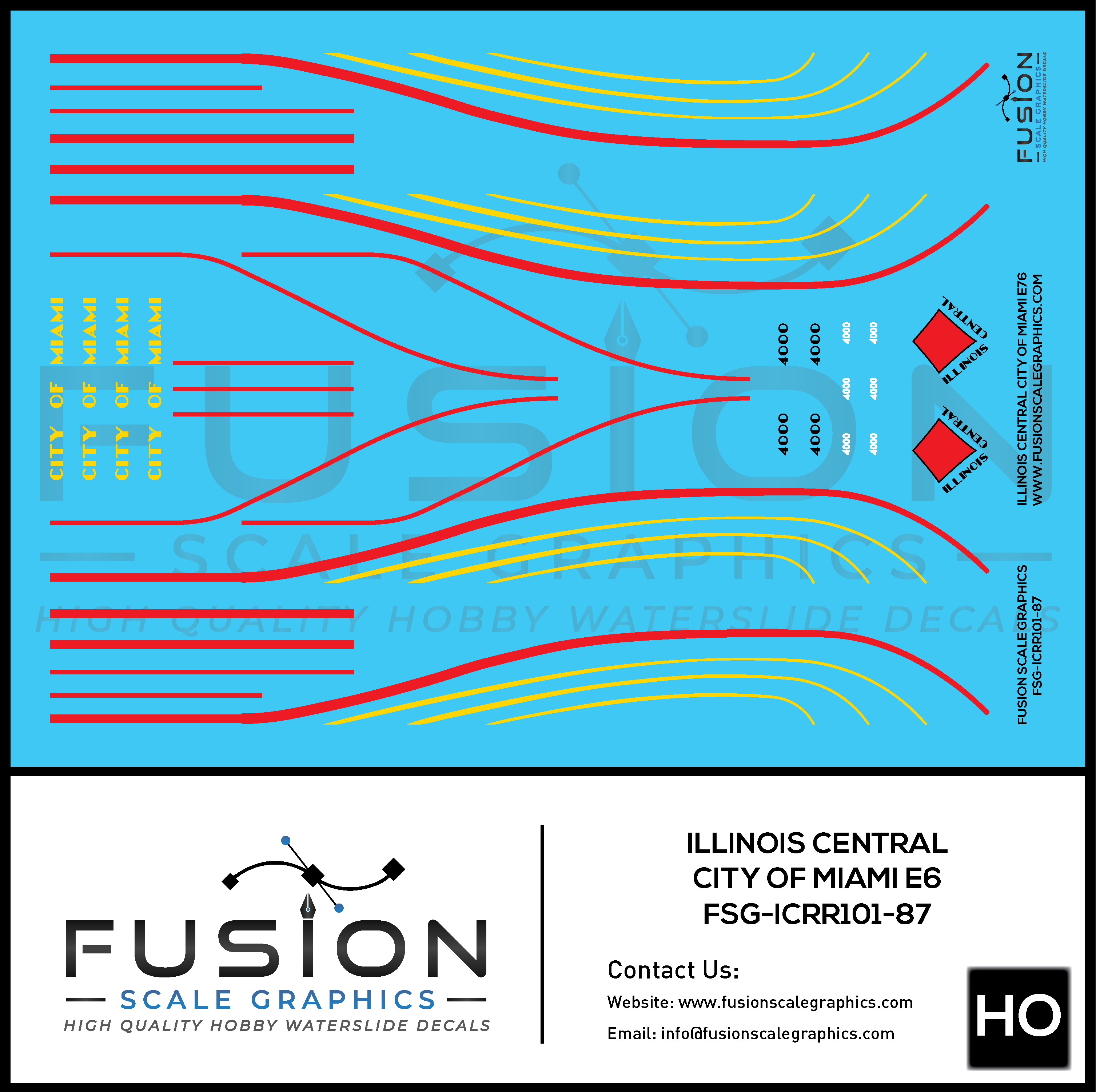 HO Scale Illinois Central EMD E6 City of Miami Locomotive Decal Set Fusion Scale Graphics