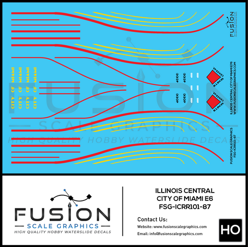HO Scale Illinois Central EMD E6 City of Miami Locomotive Decal Set Fusion Scale Graphics