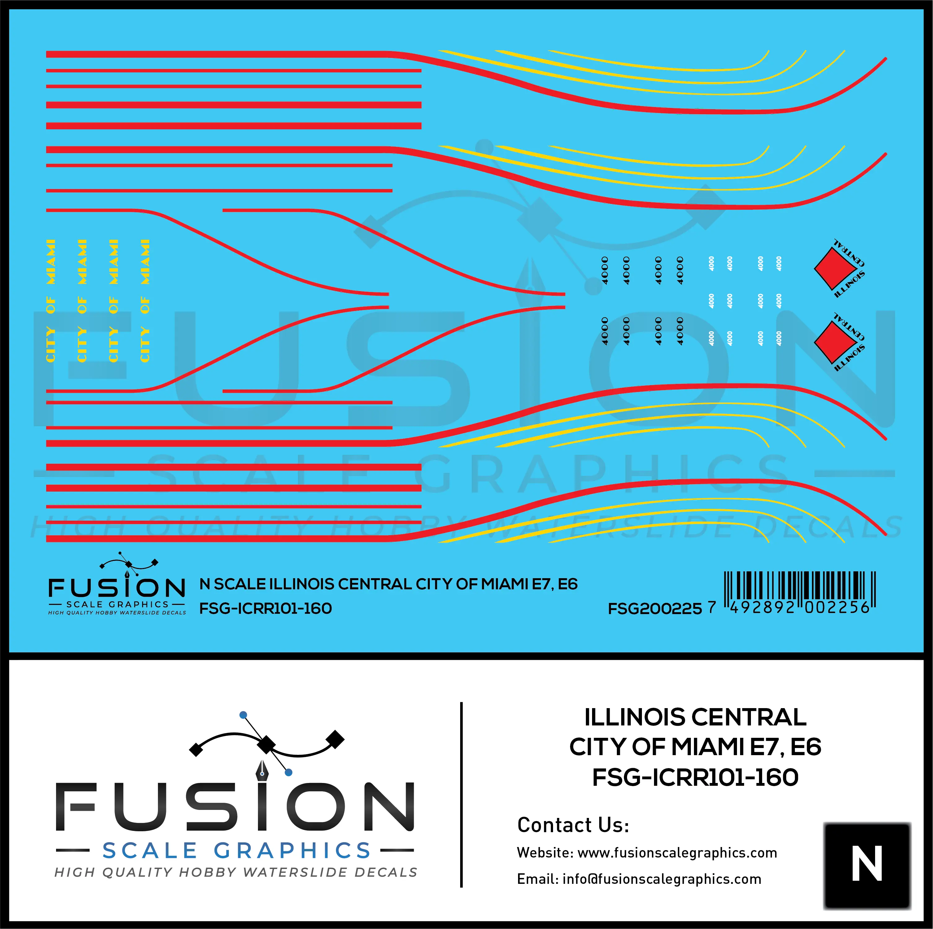 N Scale Illinois Central City of Miami EMD E6 Locomotive Decal Set Fusion Scale Graphics
