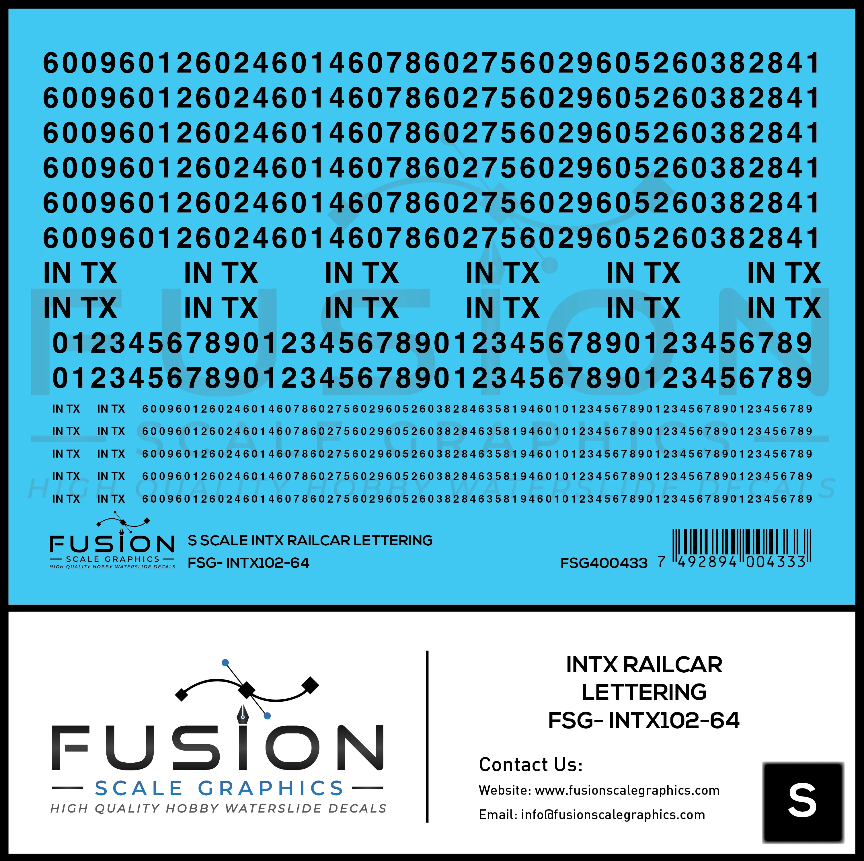 S Scale INTX Railcar Lettering Decal Set Fusion Scale Graphics